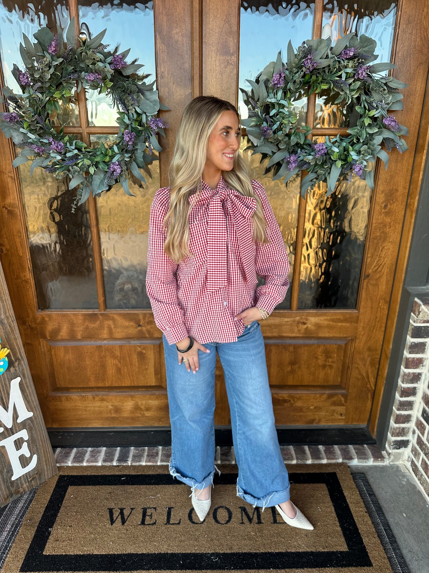 The River Red Long Sleeve Loose Fit Plaid Casual Blouse