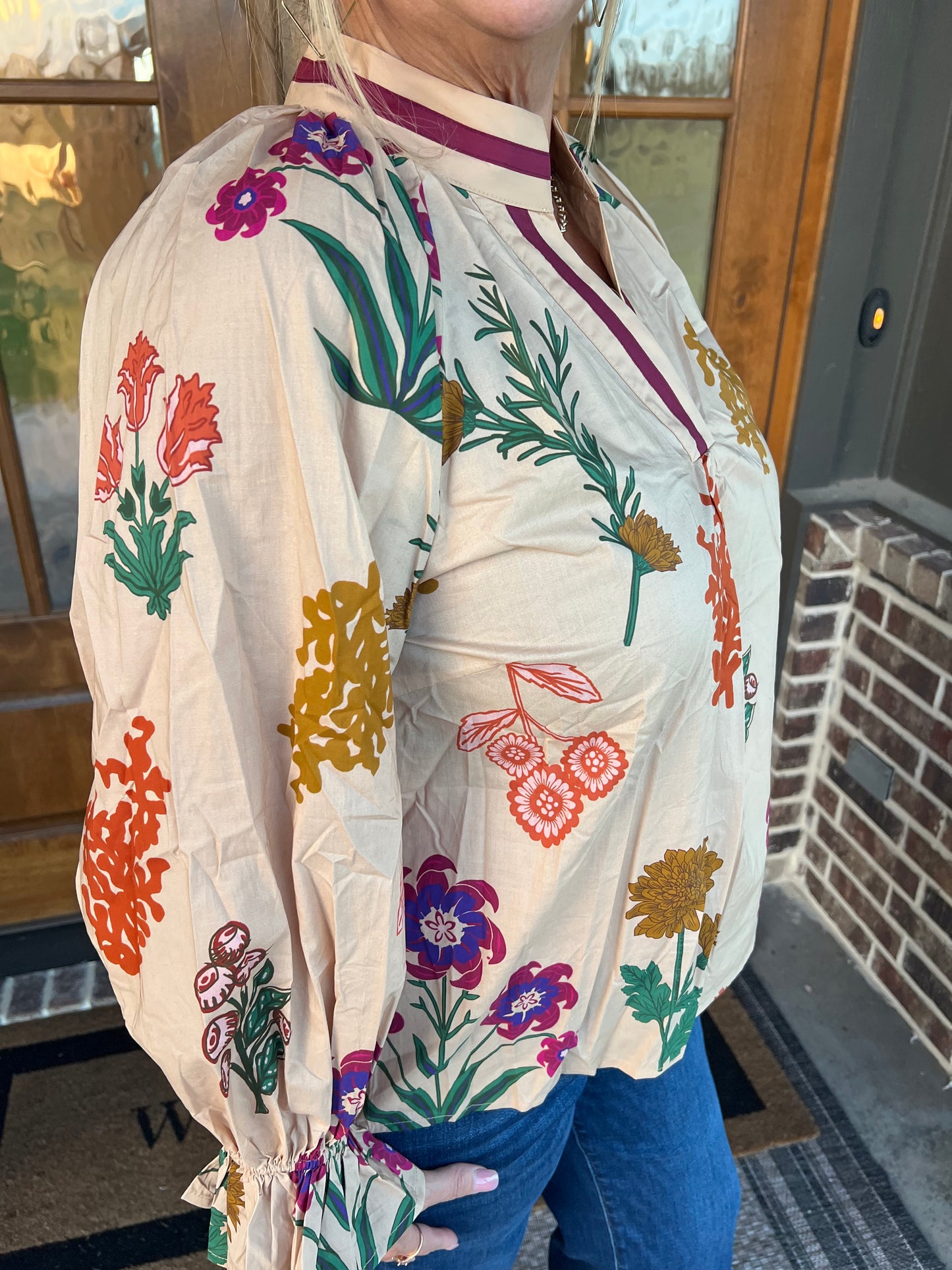 The Pam Tan Floral Print V Neck Open Collar Top