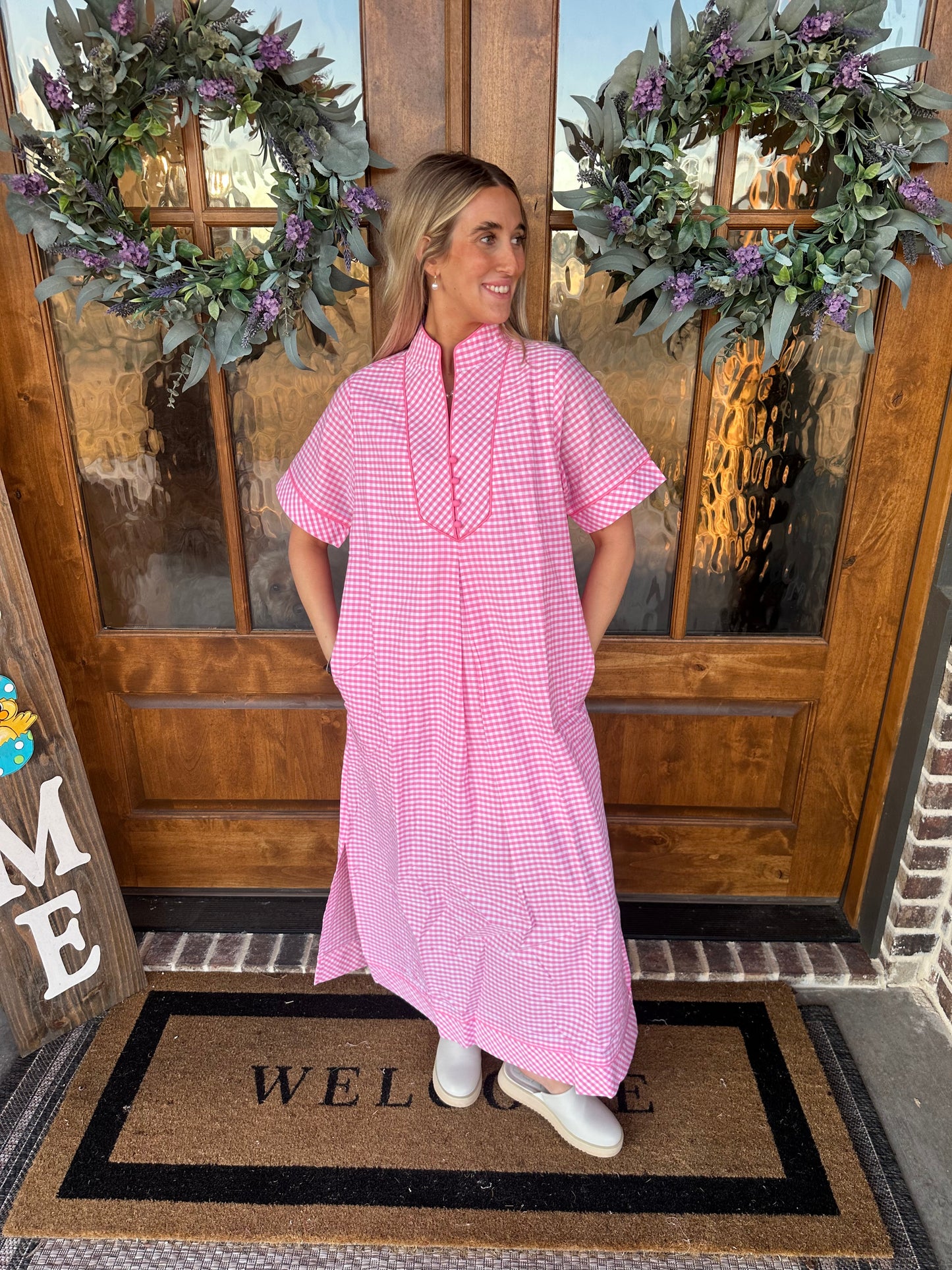 The Chloe Pink Gingham Midi Dress