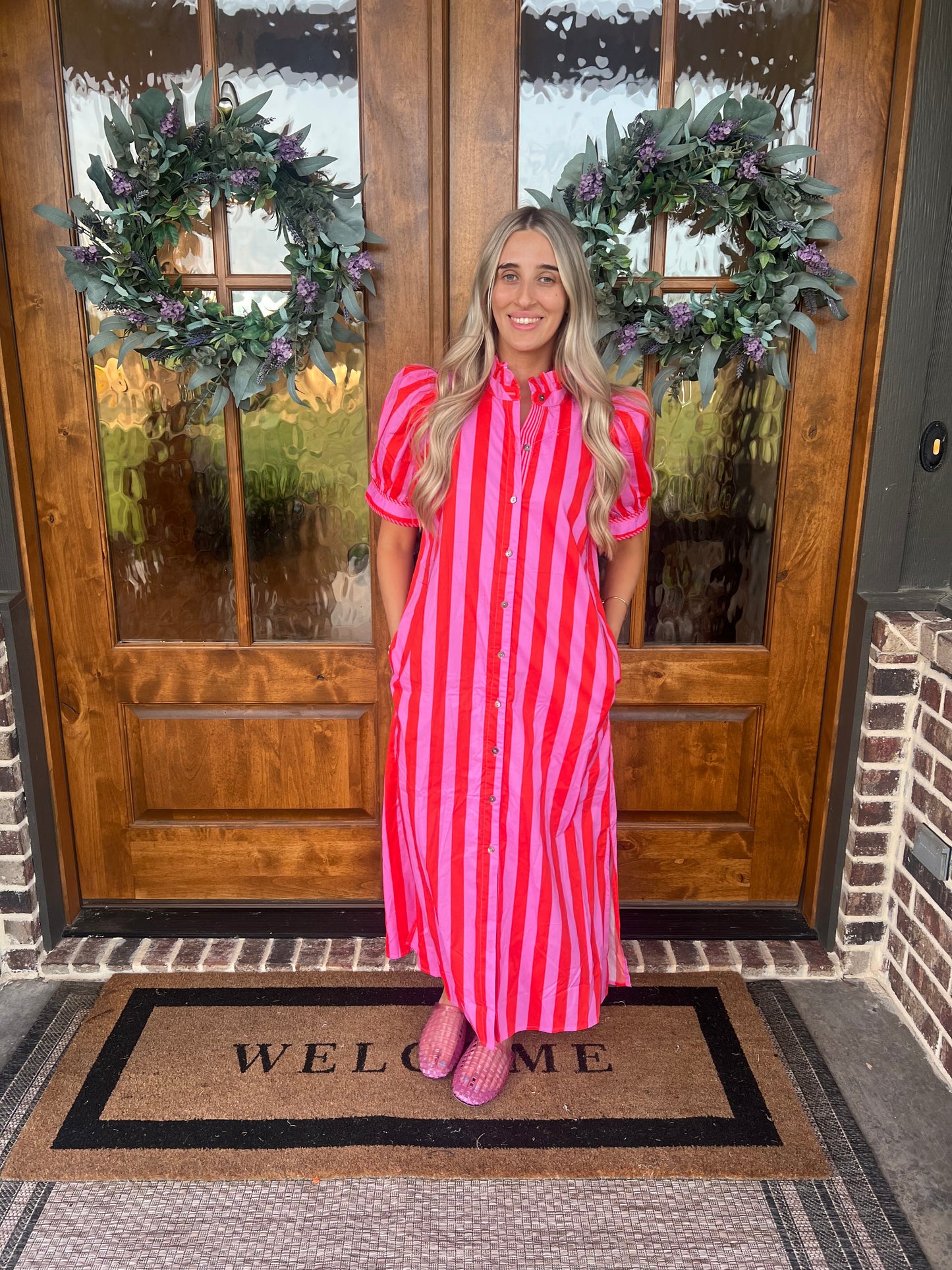 The Pamela Pink Striped Midi Dress