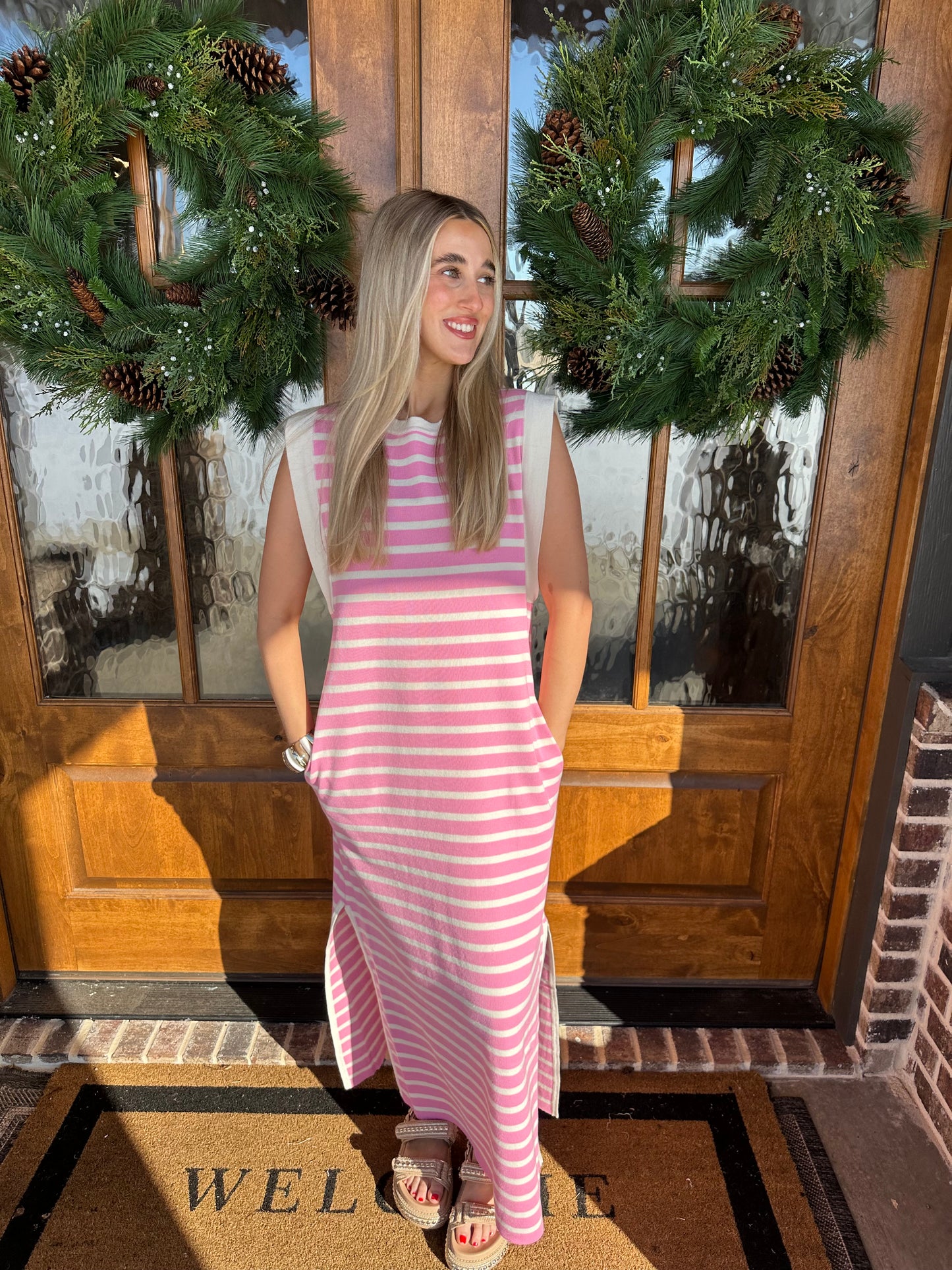 The Harper Pink Striped Sleeveless Maxi Dress