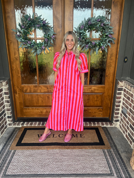 The Pamela Pink Striped Midi Dress