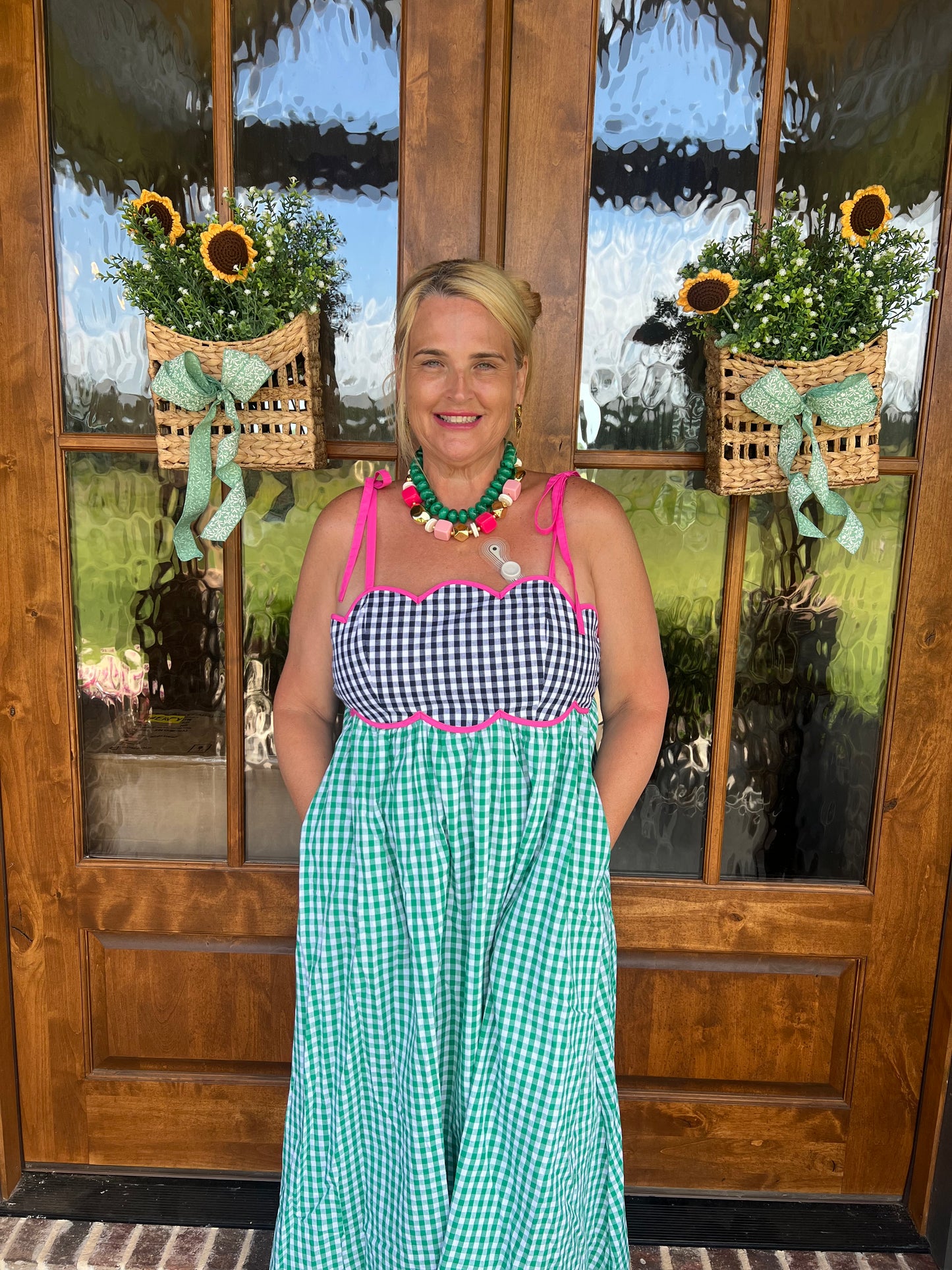 The Abby Green Gingham Sleeveless Midi Dress