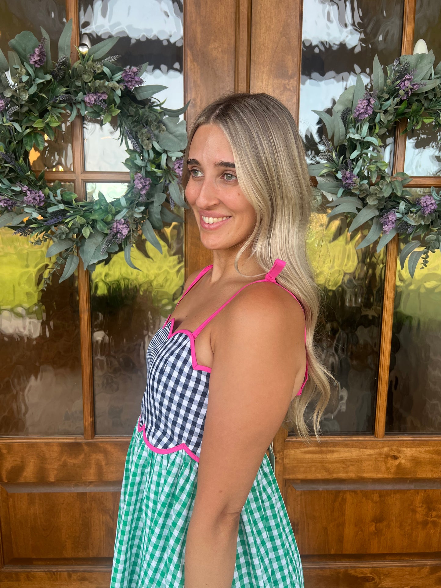 The Abby Green Gingham Sleeveless Midi Dress