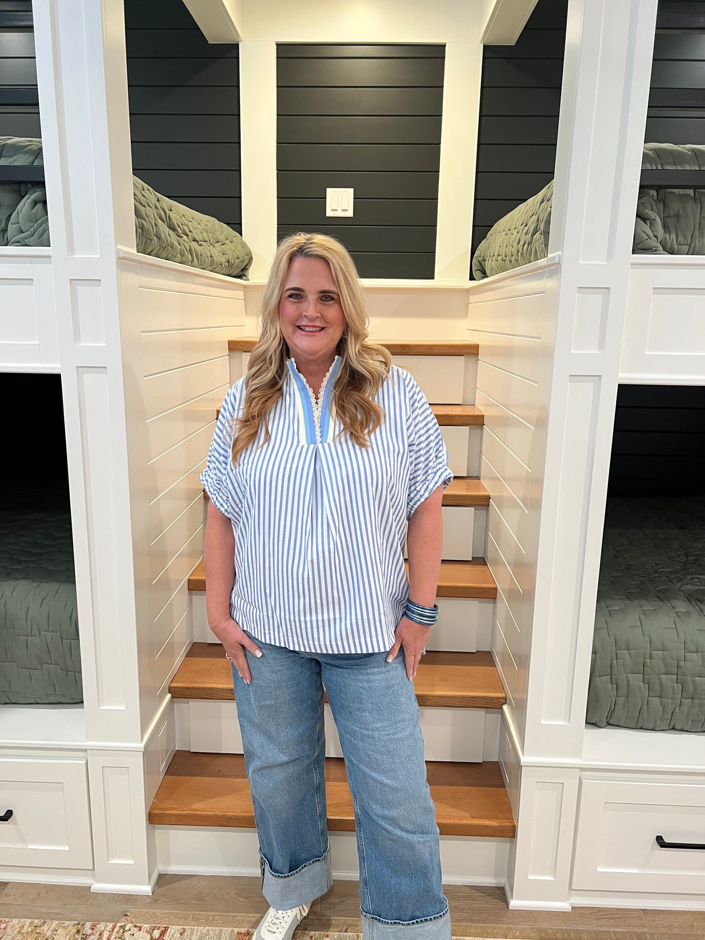 The Livy Blue Stripe Lace Trim Pleated V-Neck Top