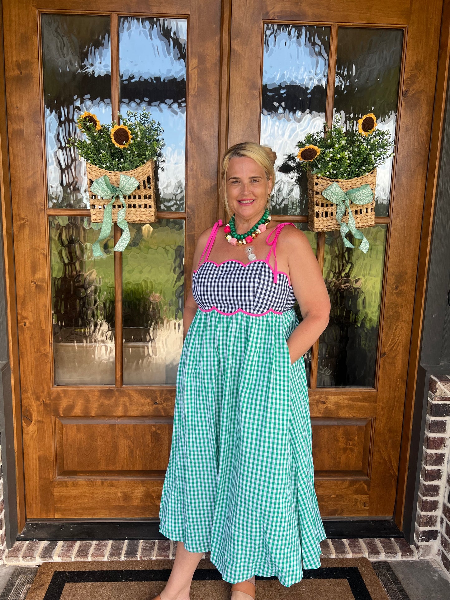 The Abby Green Gingham Sleeveless Midi Dress