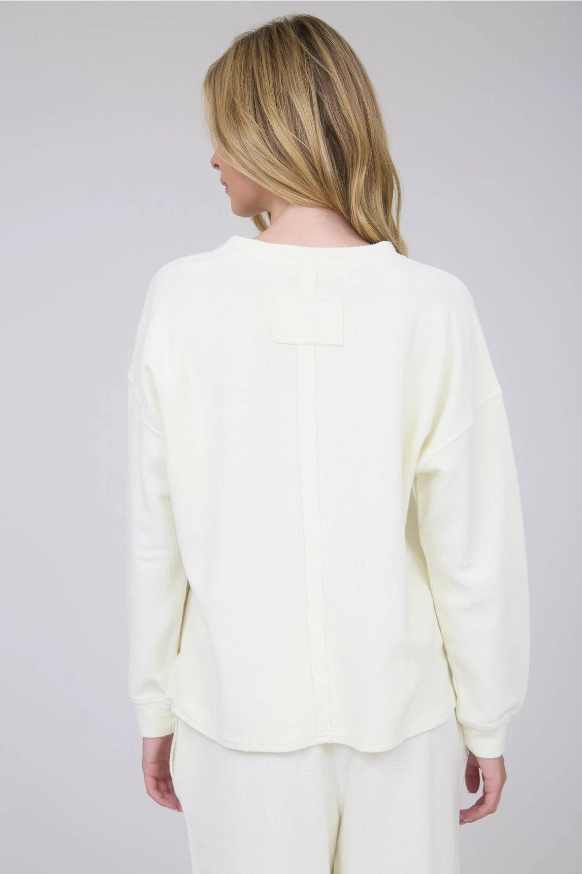 The Madison Cream Washed Pocket Detail Long Sleeve Rib Knit Top