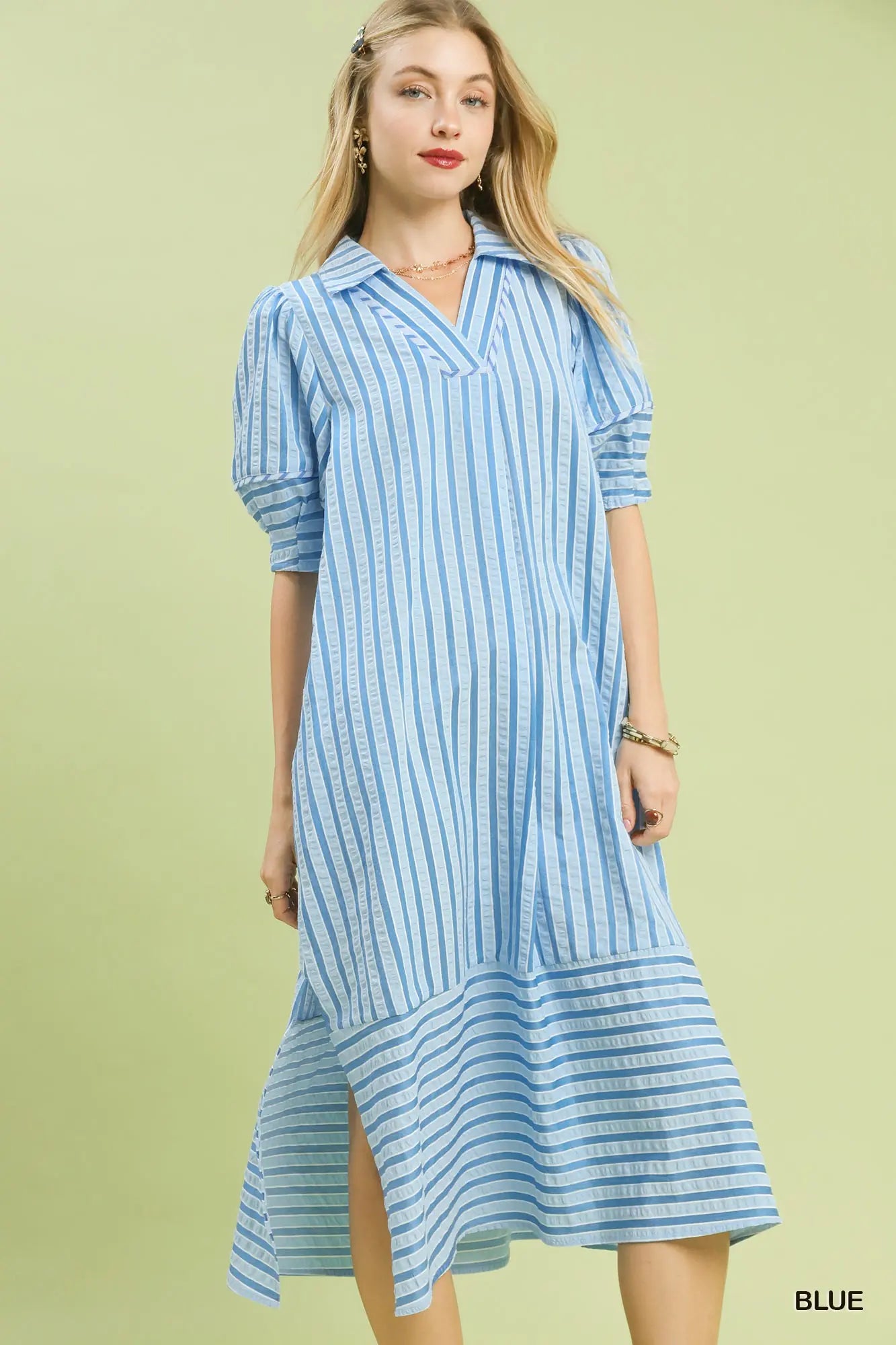The Emma Blue Striped Puff Sleeve Midi Dress
