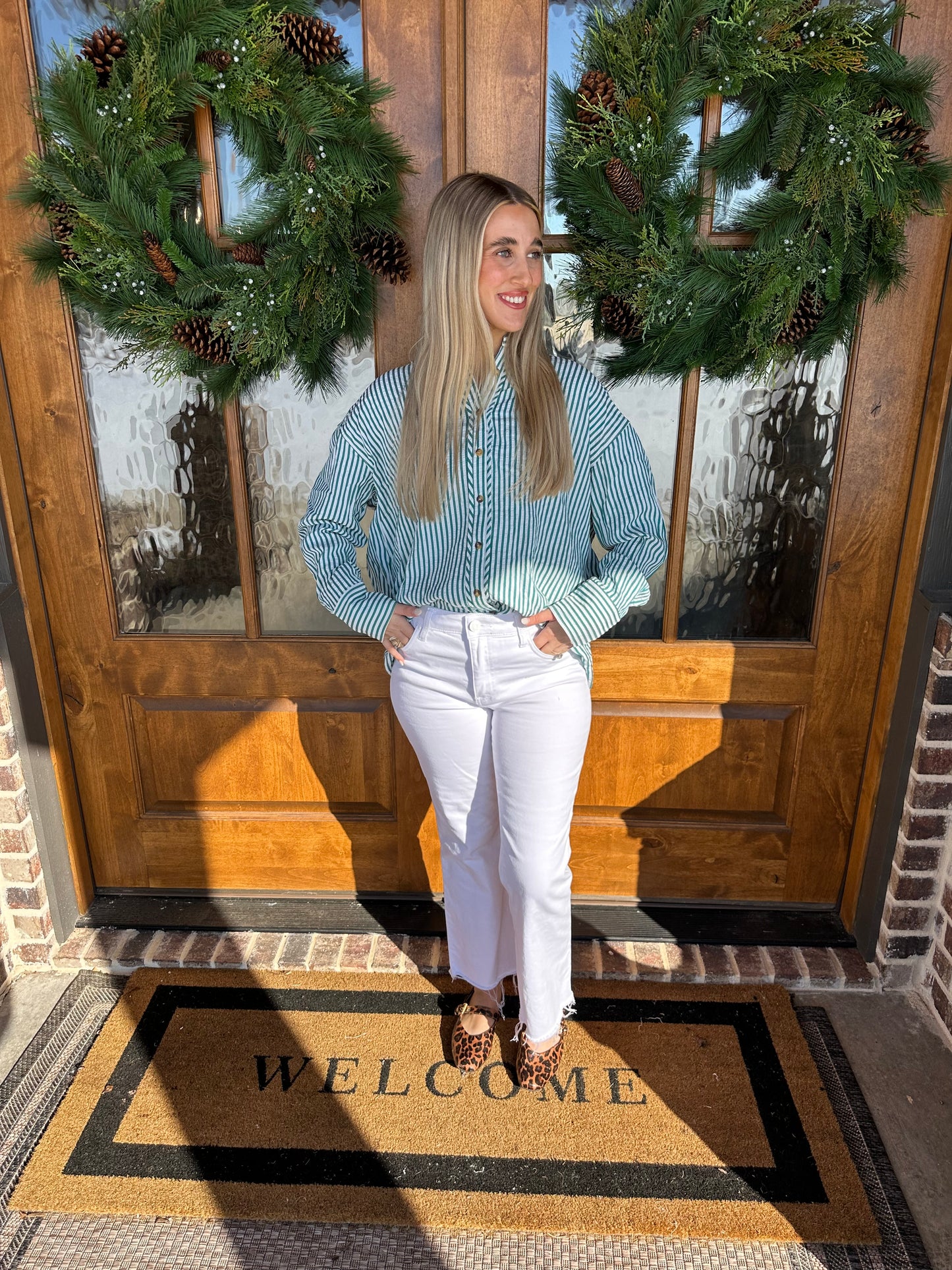 The Pam Green Striped Long Sleeve Button Down