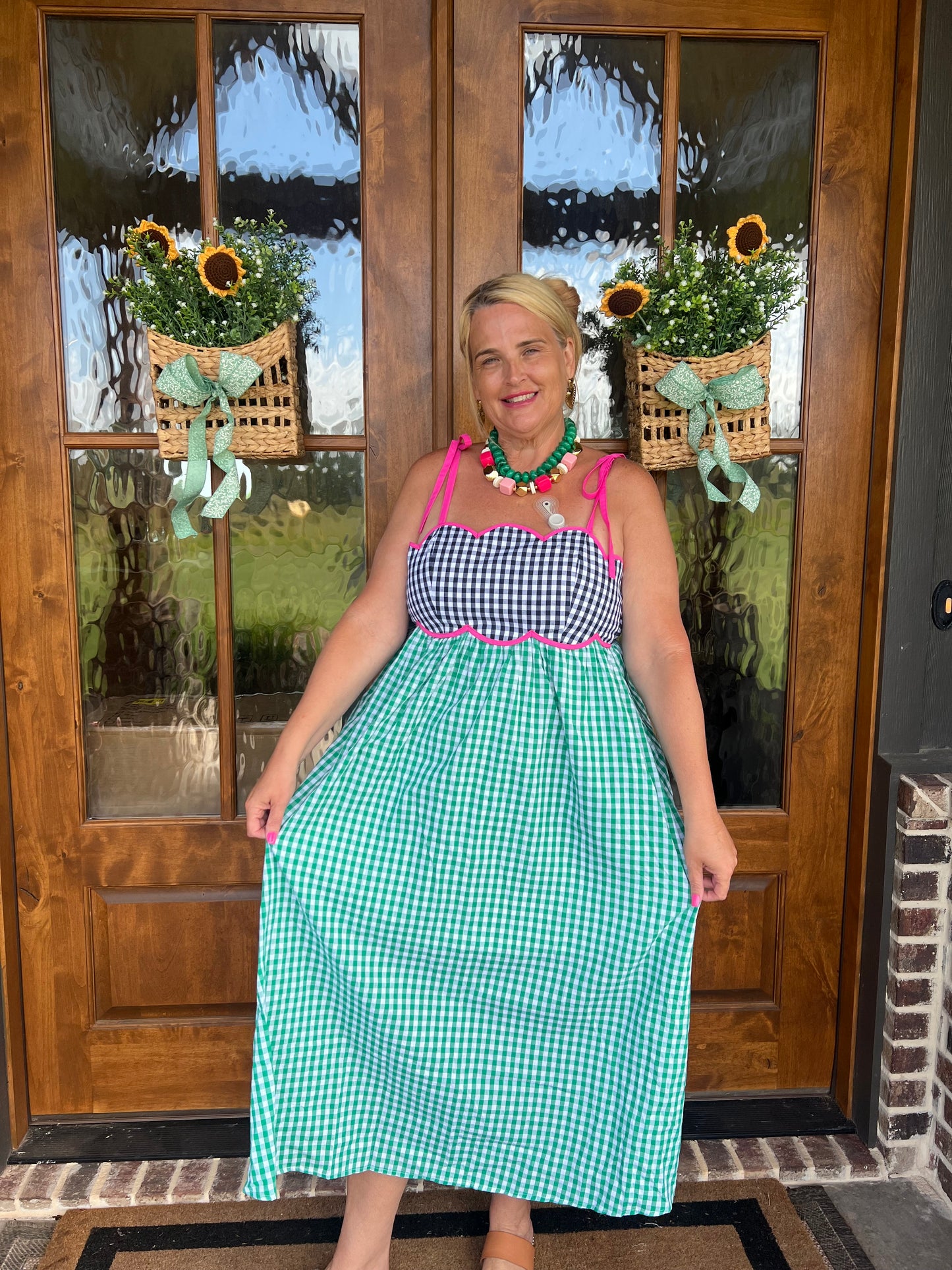 The Abby Green Gingham Sleeveless Midi Dress