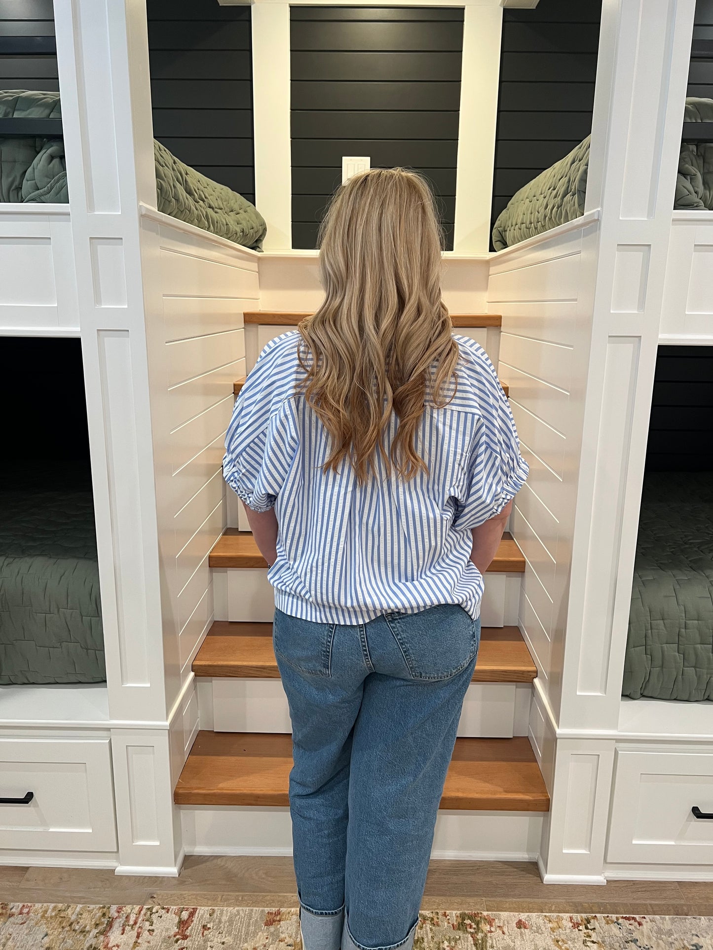 The Livy Blue Stripe Lace Trim Pleated V-Neck Top