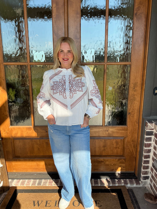 The Haley Embroidered Mock Neck Button Up Top