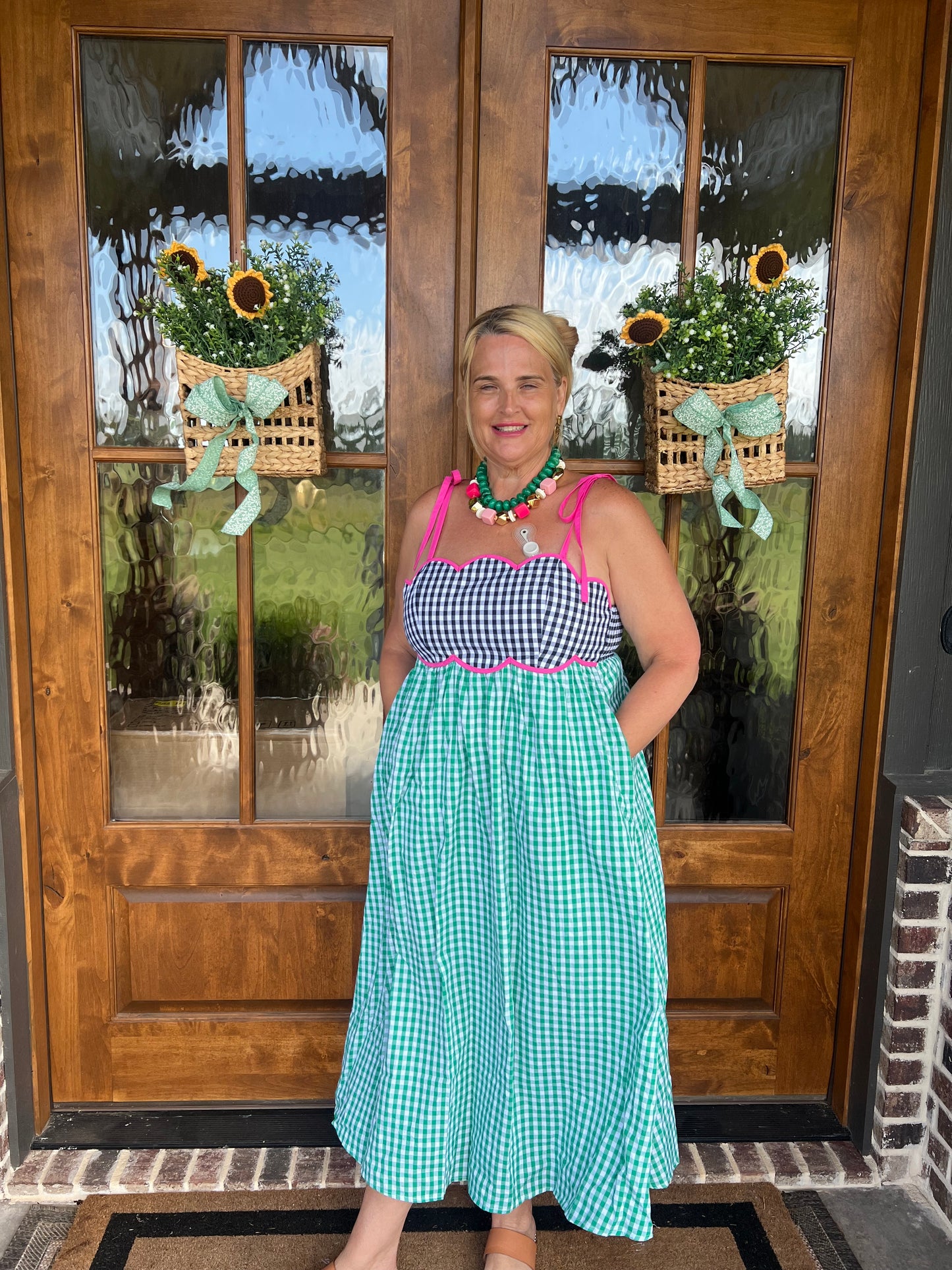 The Abby Green Gingham Sleeveless Midi Dress