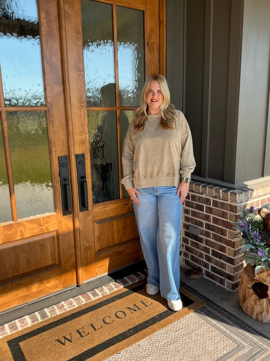 The Whitley Mocha Washed Side Split Long Sleeve Knit Top