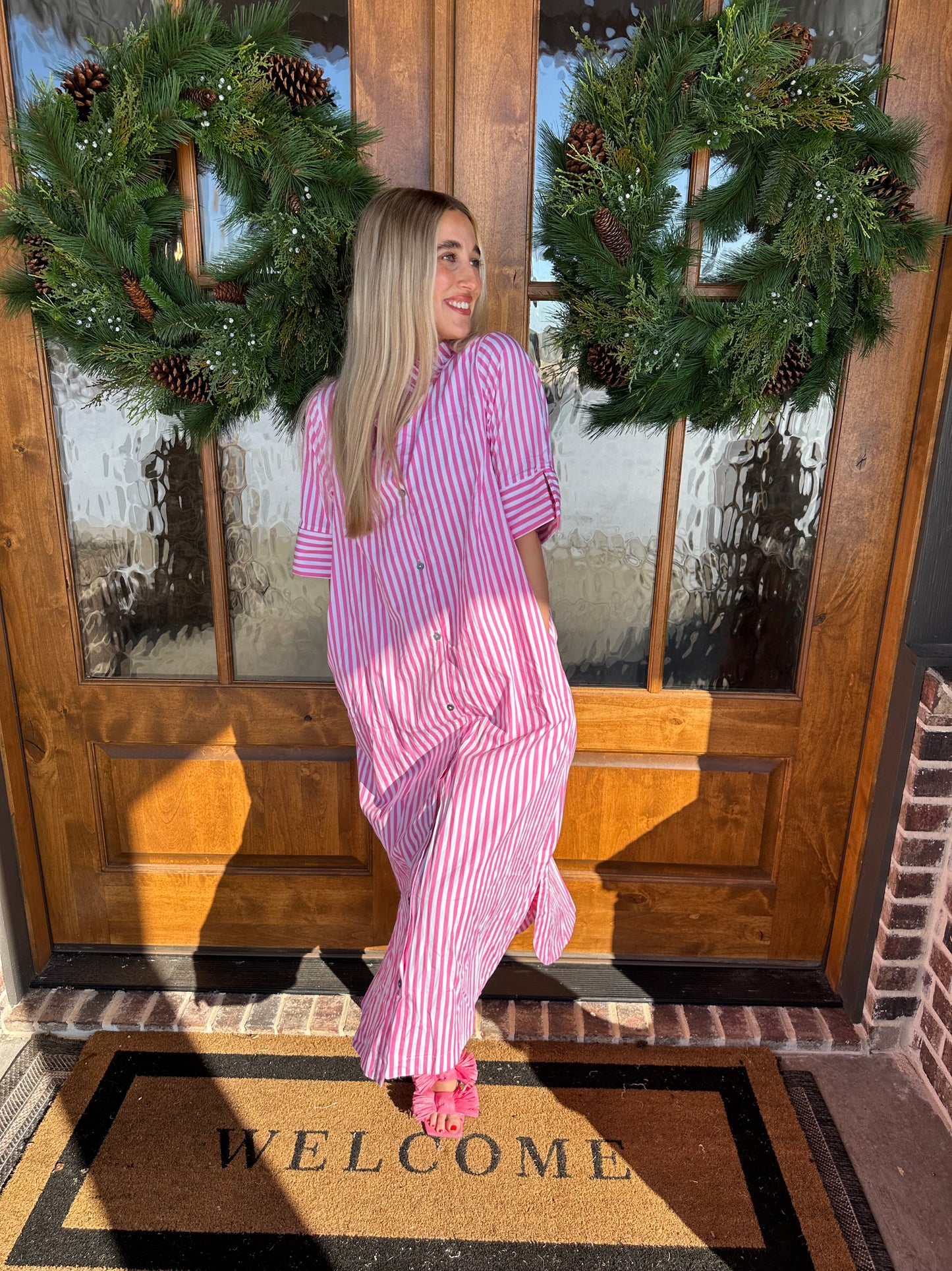 The Ashley Pink Striped Button Up Dress