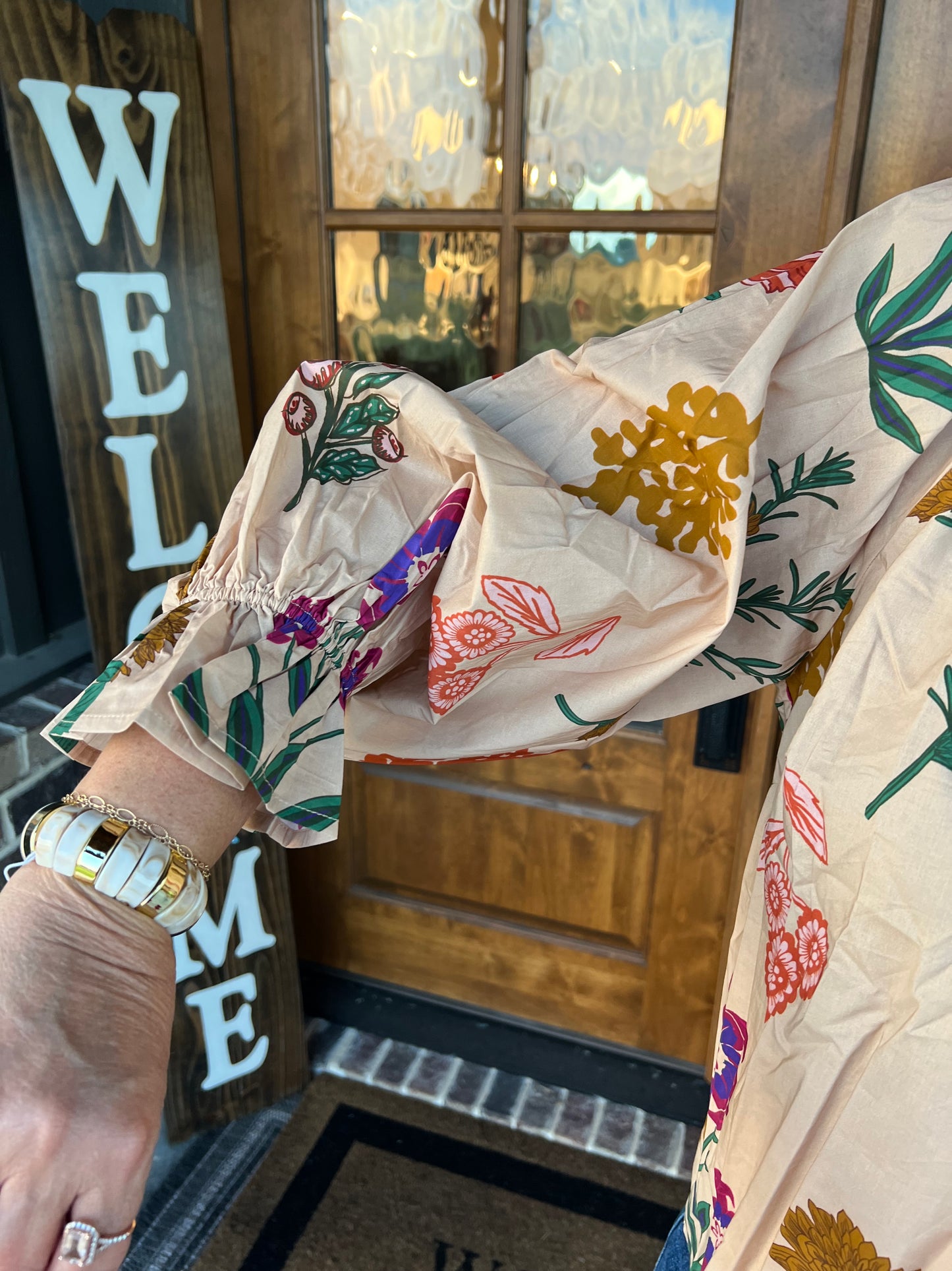 The Pam Tan Floral Print V Neck Open Collar Top