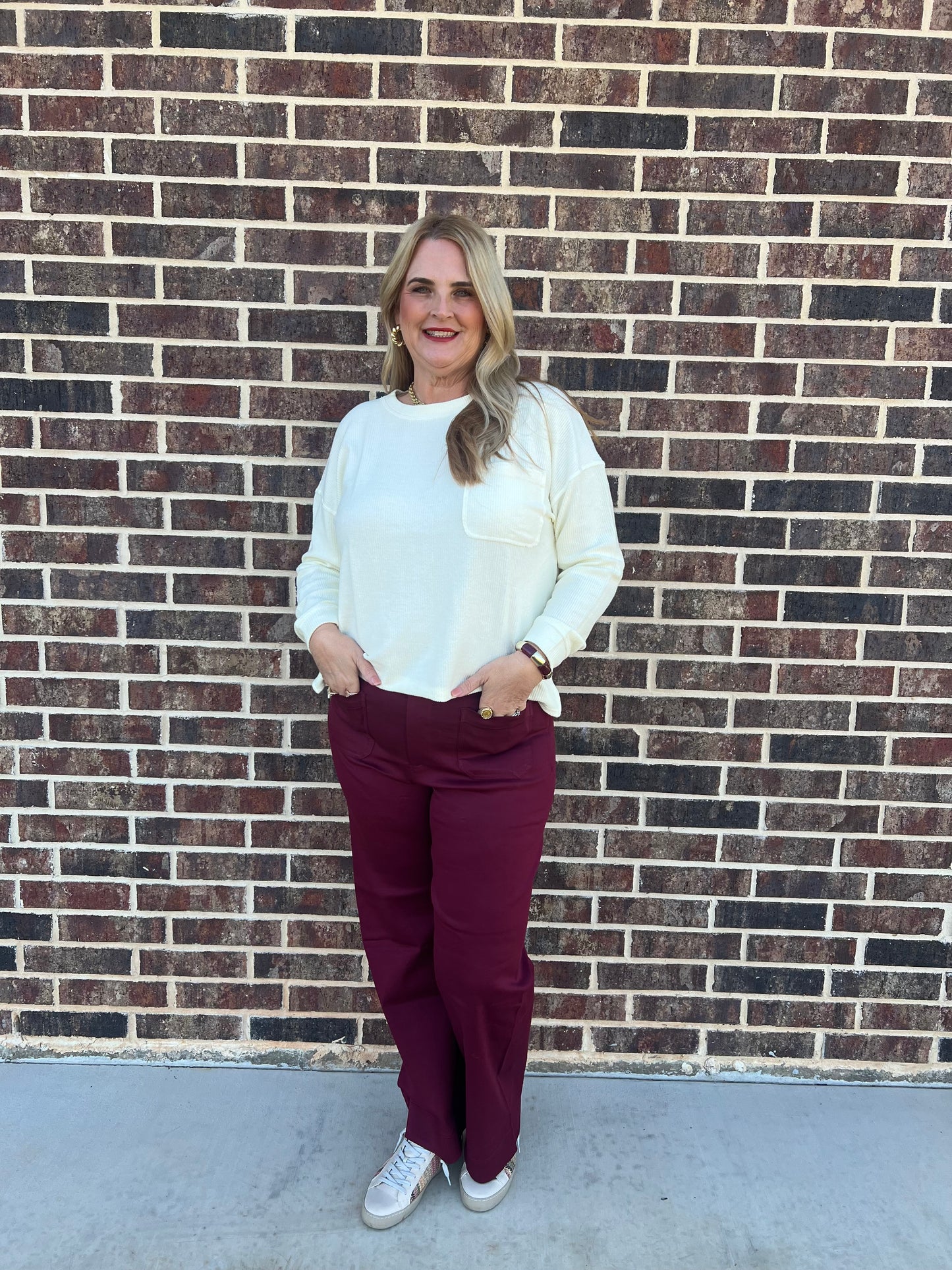 The Madison Cream Washed Pocket Detail Long Sleeve Rib Knit Top