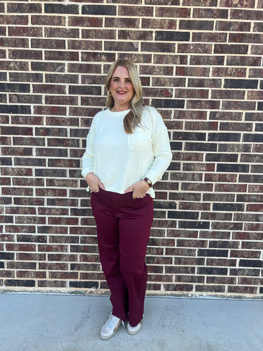 The Madison Cream Washed Pocket Detail Long Sleeve Rib Knit Top