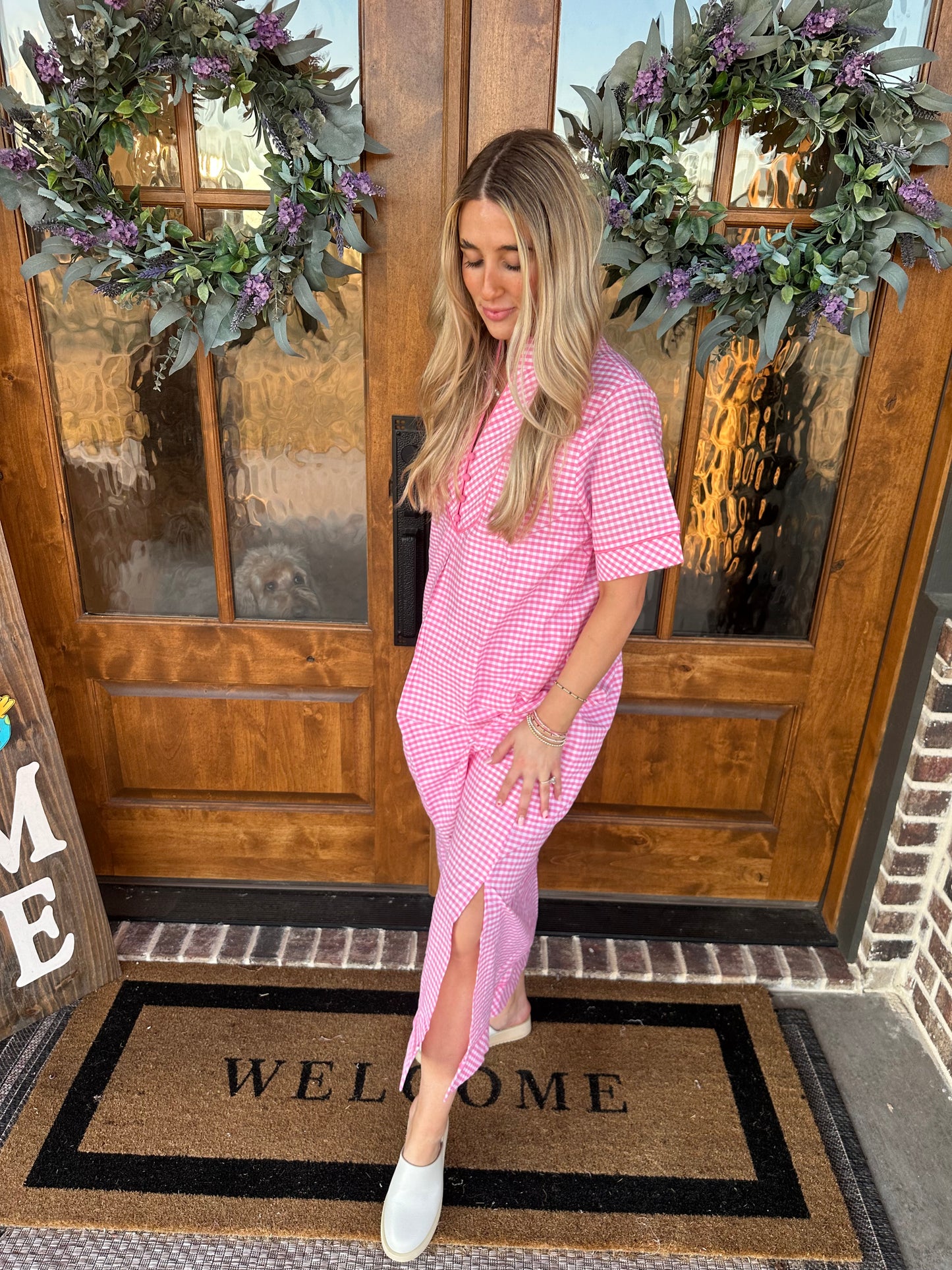 The Chloe Pink Gingham Midi Dress