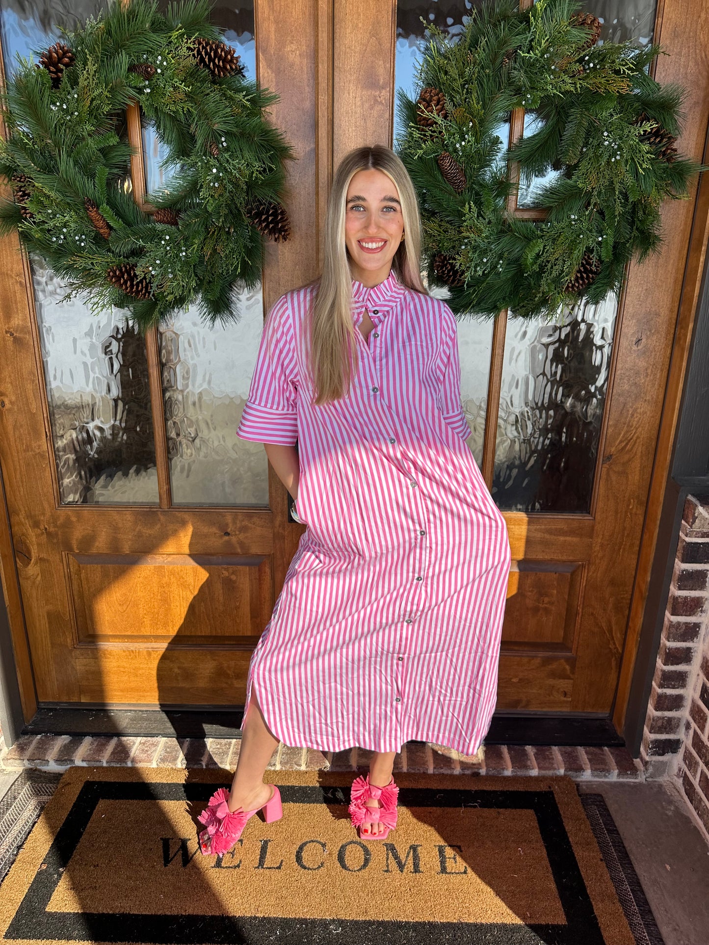 The Ashley Pink Striped Button Up Dress
