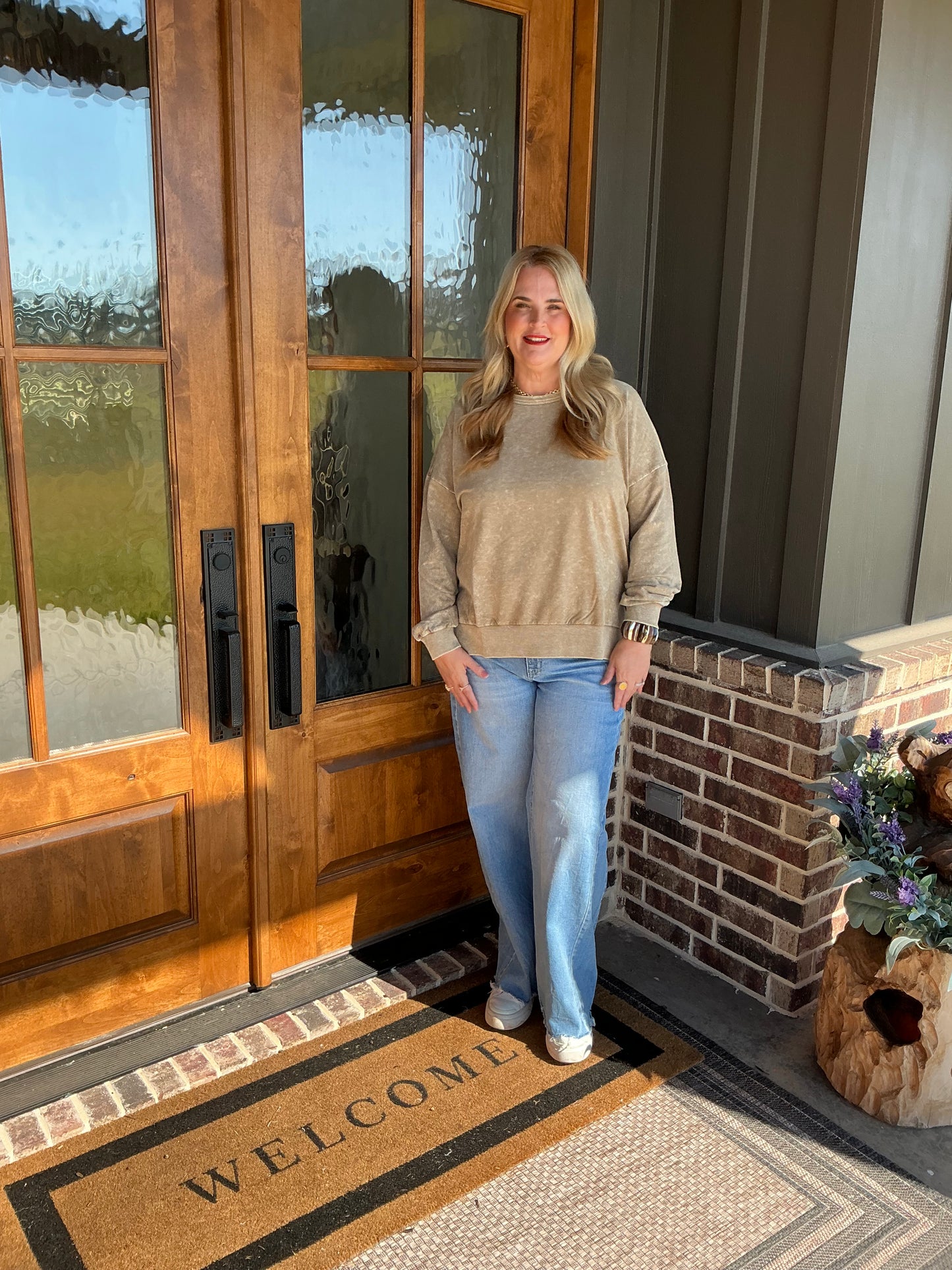 The Whitley Mocha Washed Side Split Long Sleeve Knit Top