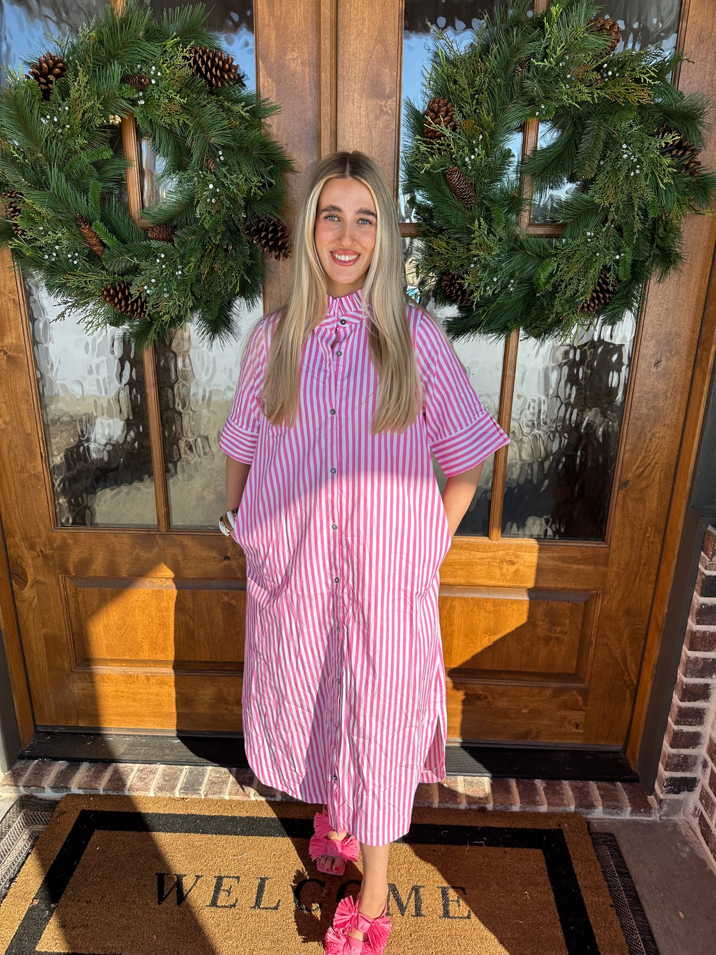 The Ashley Pink Striped Button Up Dress