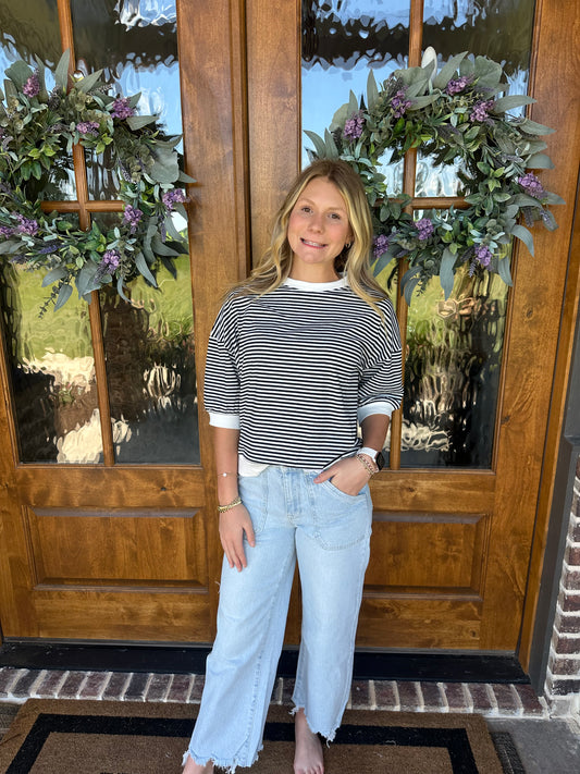 The Stacey Black Striped Contrast Trim Rib Banded Top