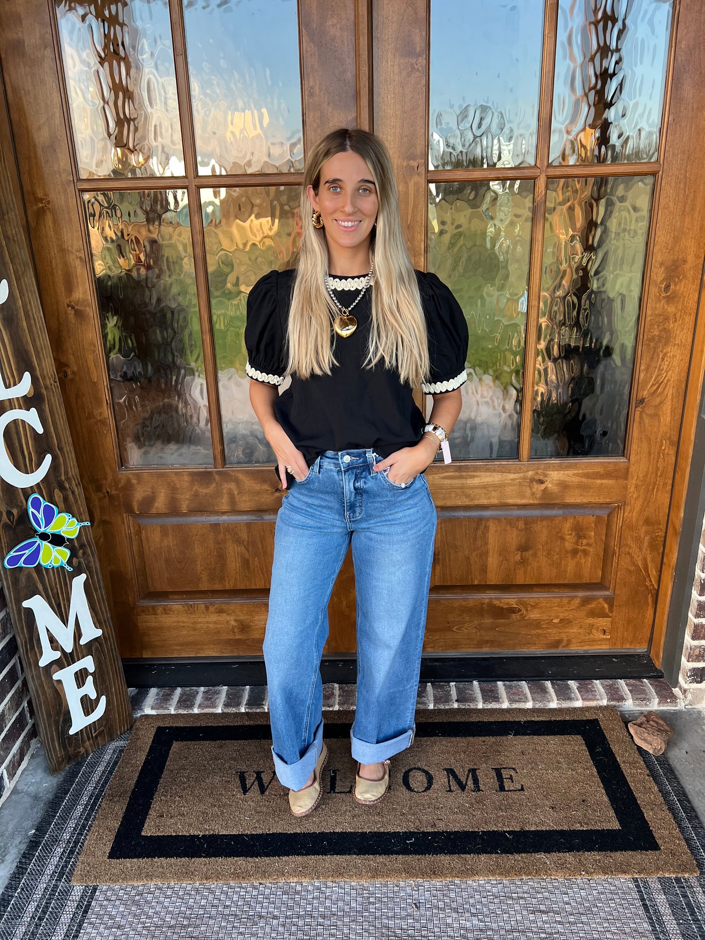 The Sawyer Black Short Sleeve Top Cream Trimming