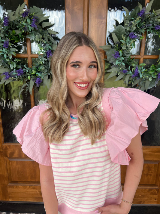 The Jenna Pink Striped Ruffly Sleeve Top