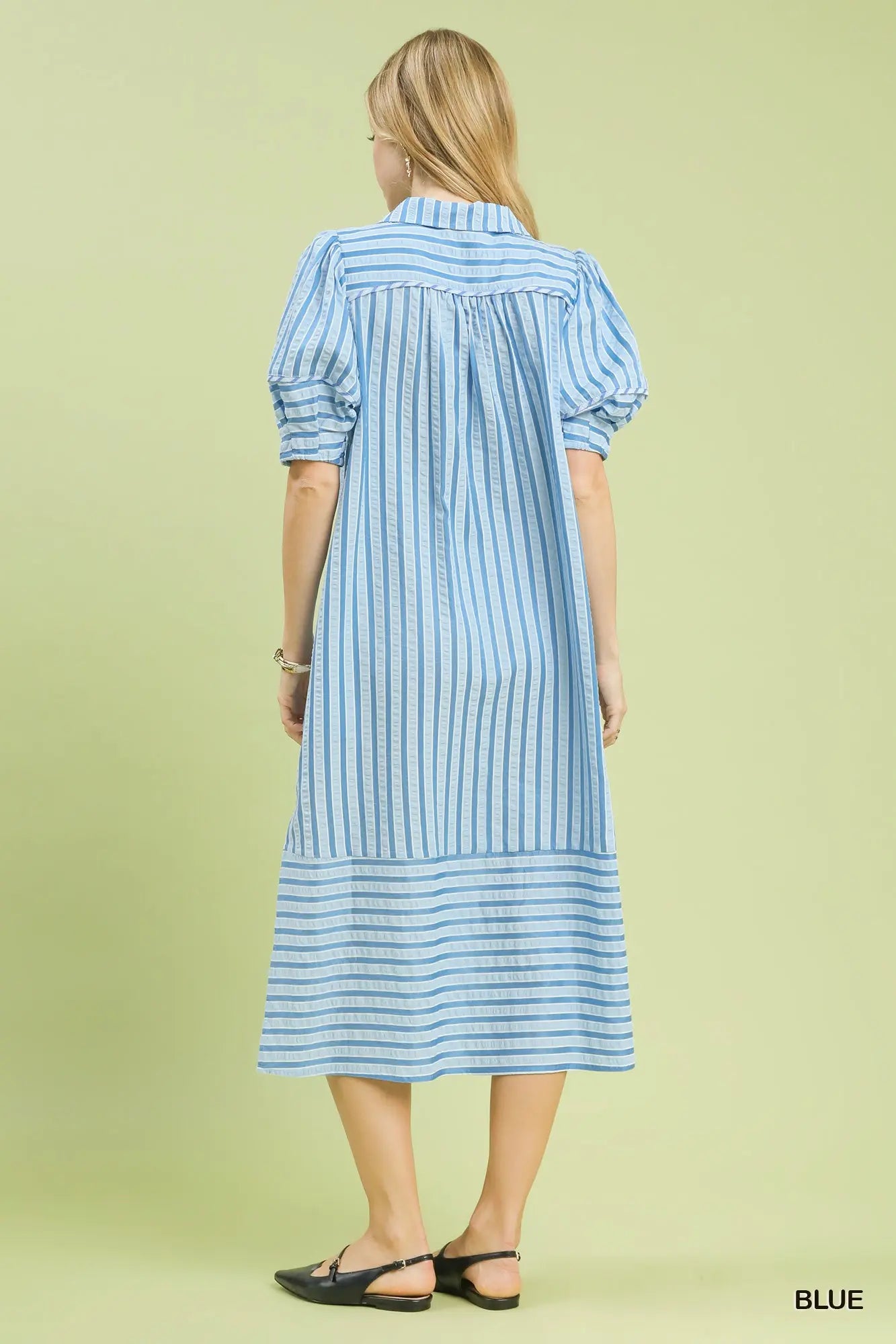 The Emma Blue Striped Puff Sleeve Midi Dress