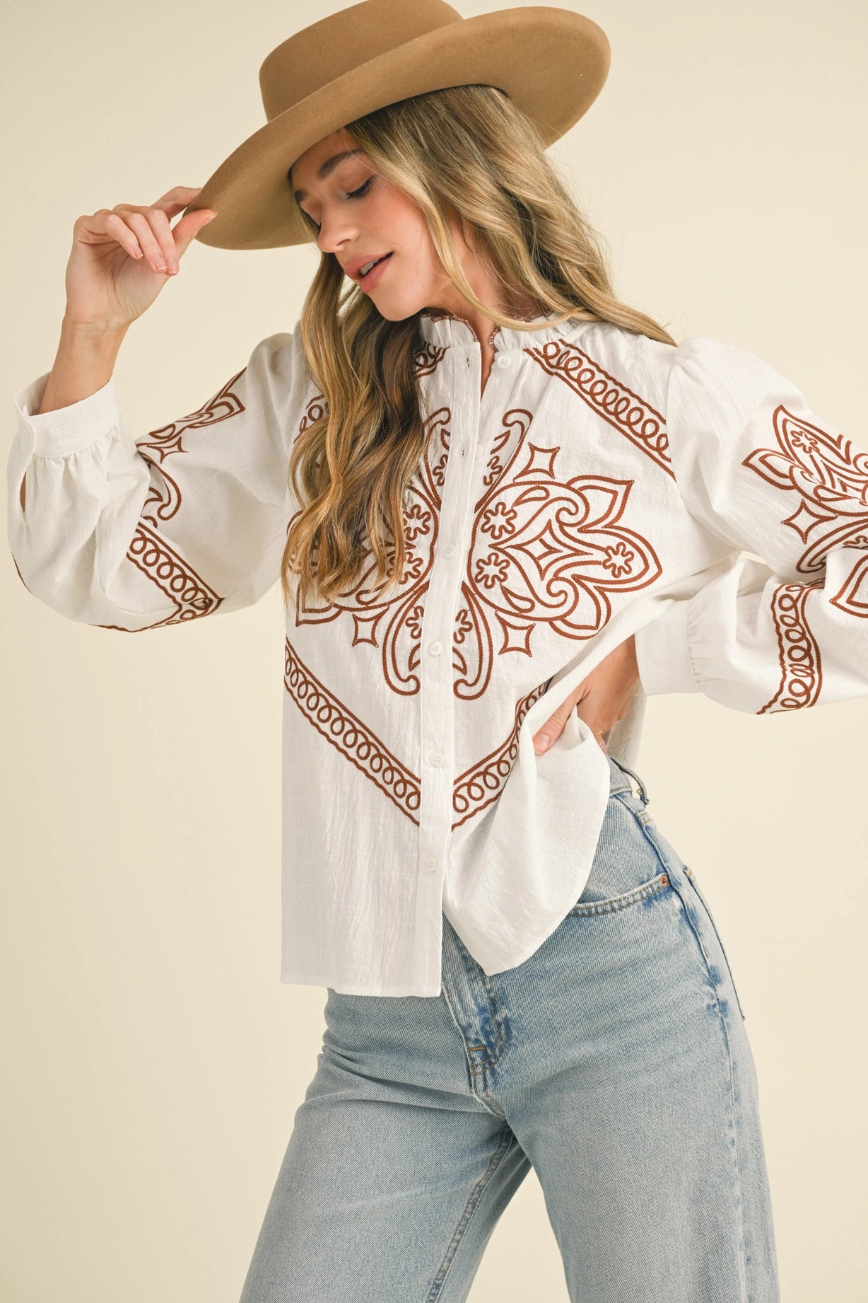 The Haley Embroidered Mock Neck Button Up Top