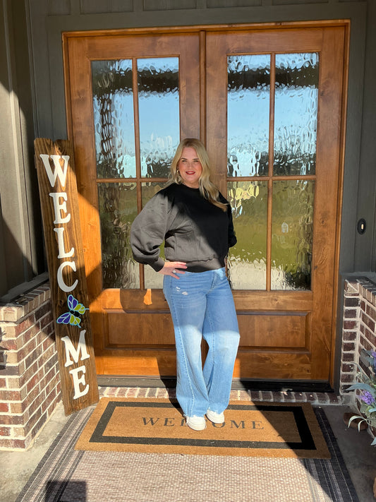 The Hannah Black Crew Neck French Terry Pullover