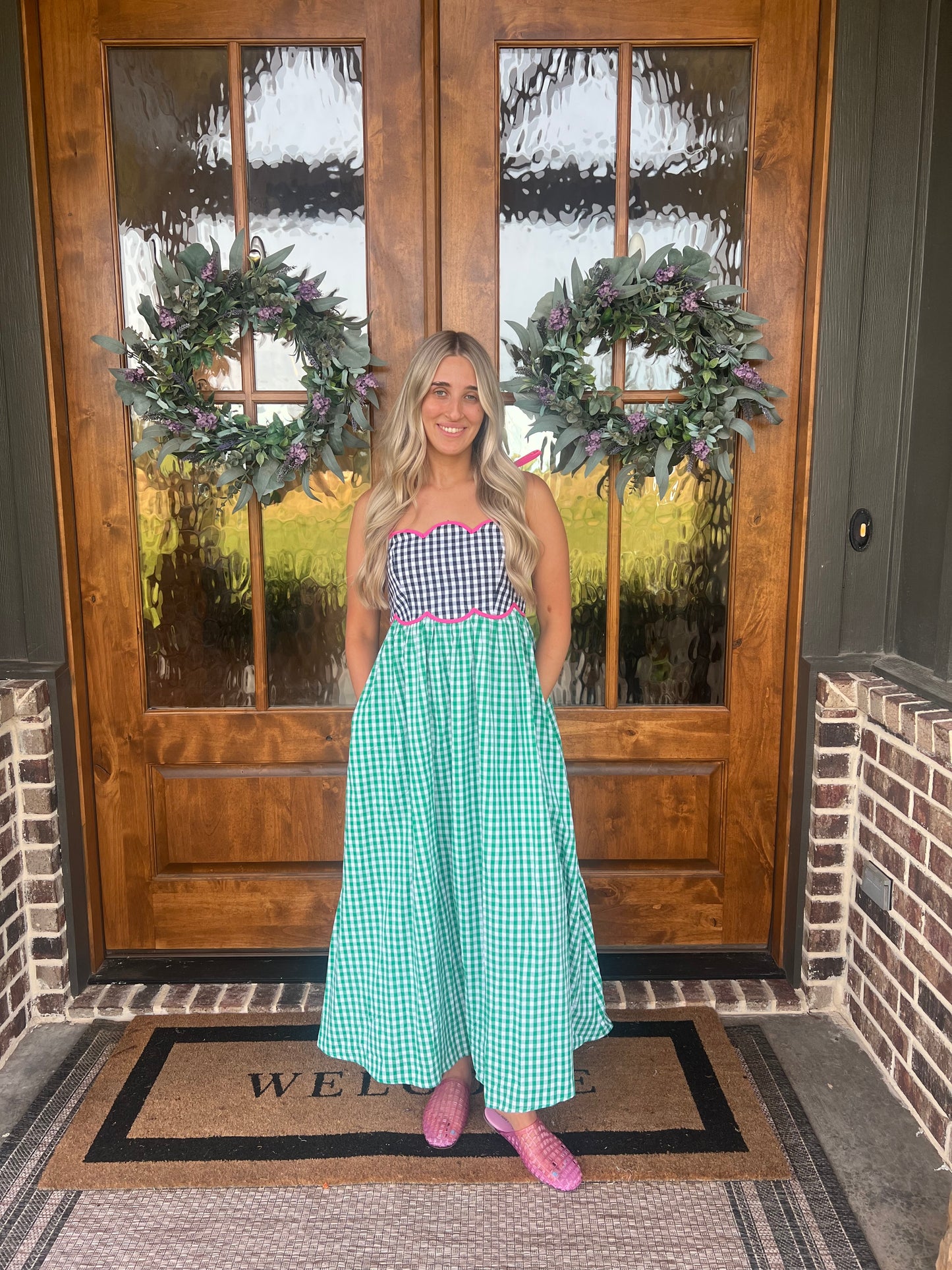 The Abby Green Gingham Sleeveless Midi Dress