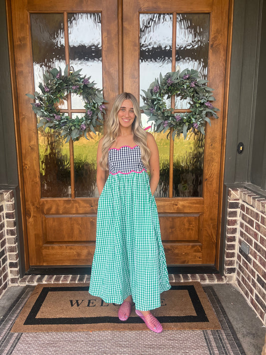 The Abby Green Gingham Sleeveless Midi Dress