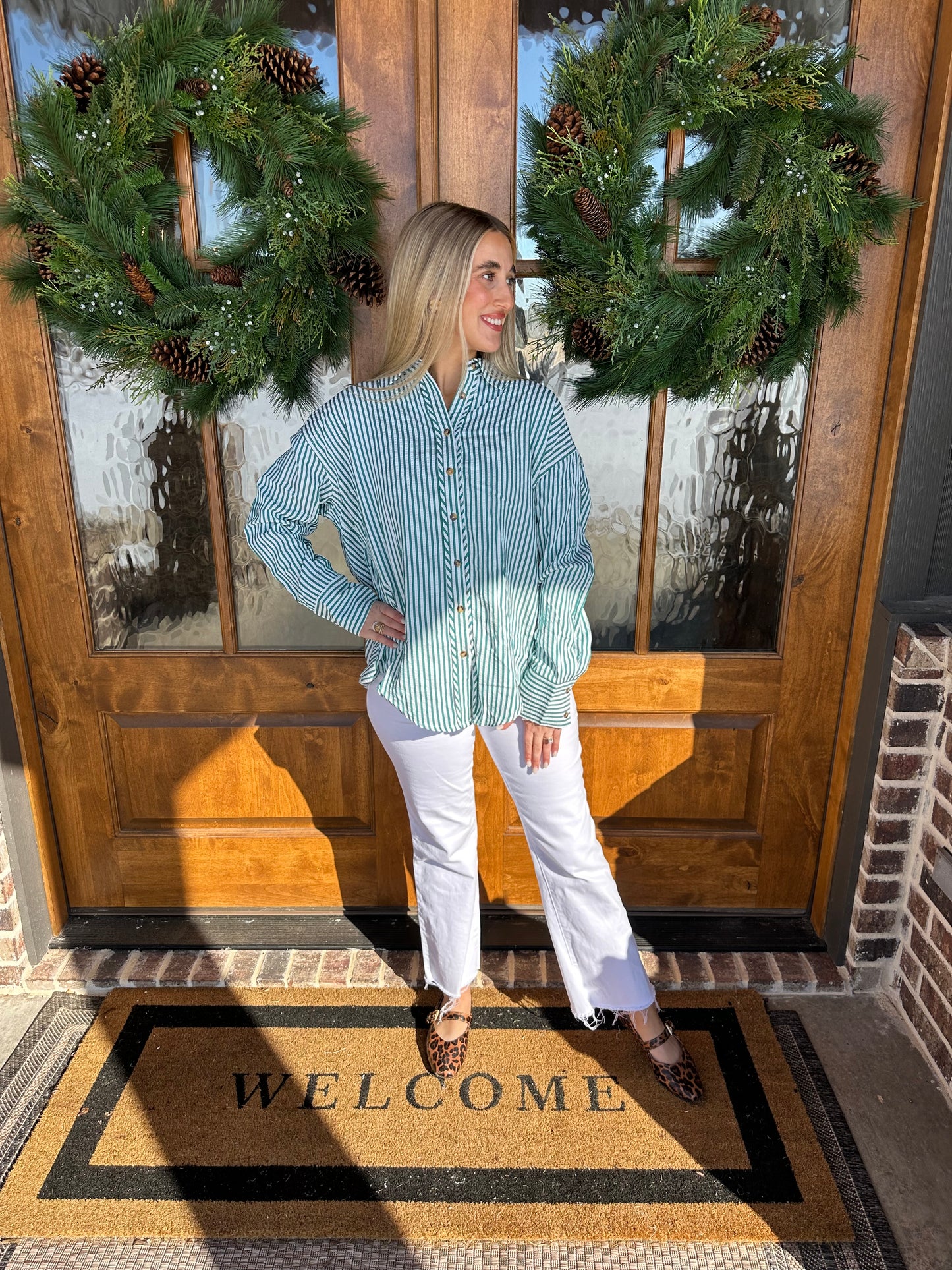 The Pam Green Striped Long Sleeve Button Down
