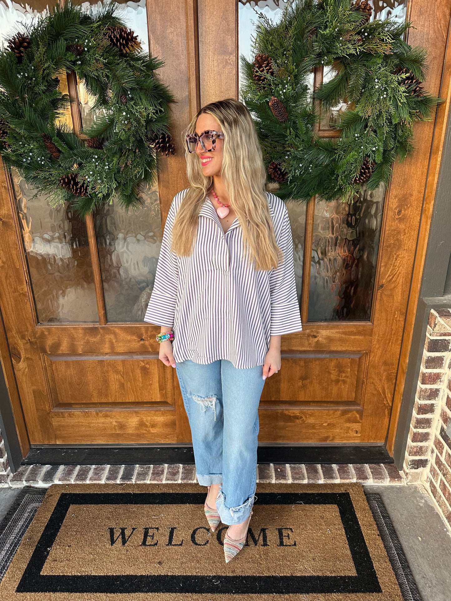 The Violet Lavender Striped Button Closure Top
