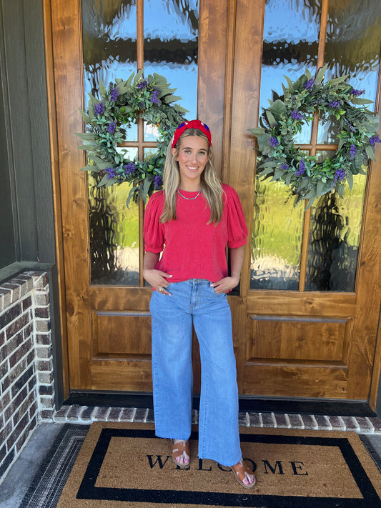The Madison Red Puff Sleeve Ribbed Top - Final Sale