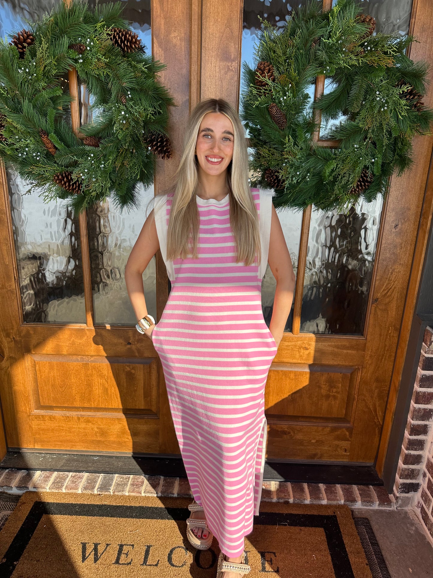 The Harper Pink Striped Sleeveless Maxi Dress