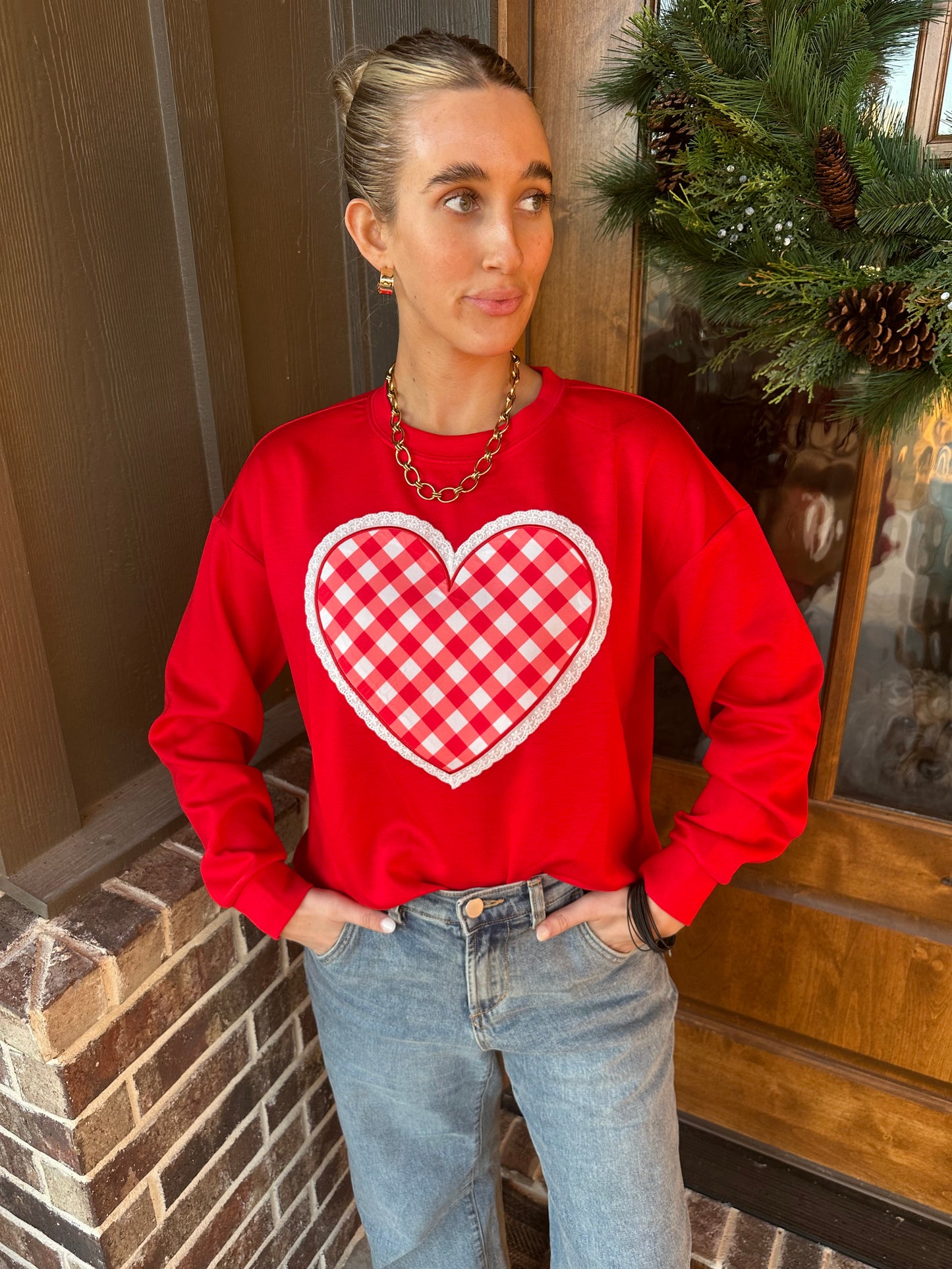 The Valentina Gingham Heart Luxe Pullover
