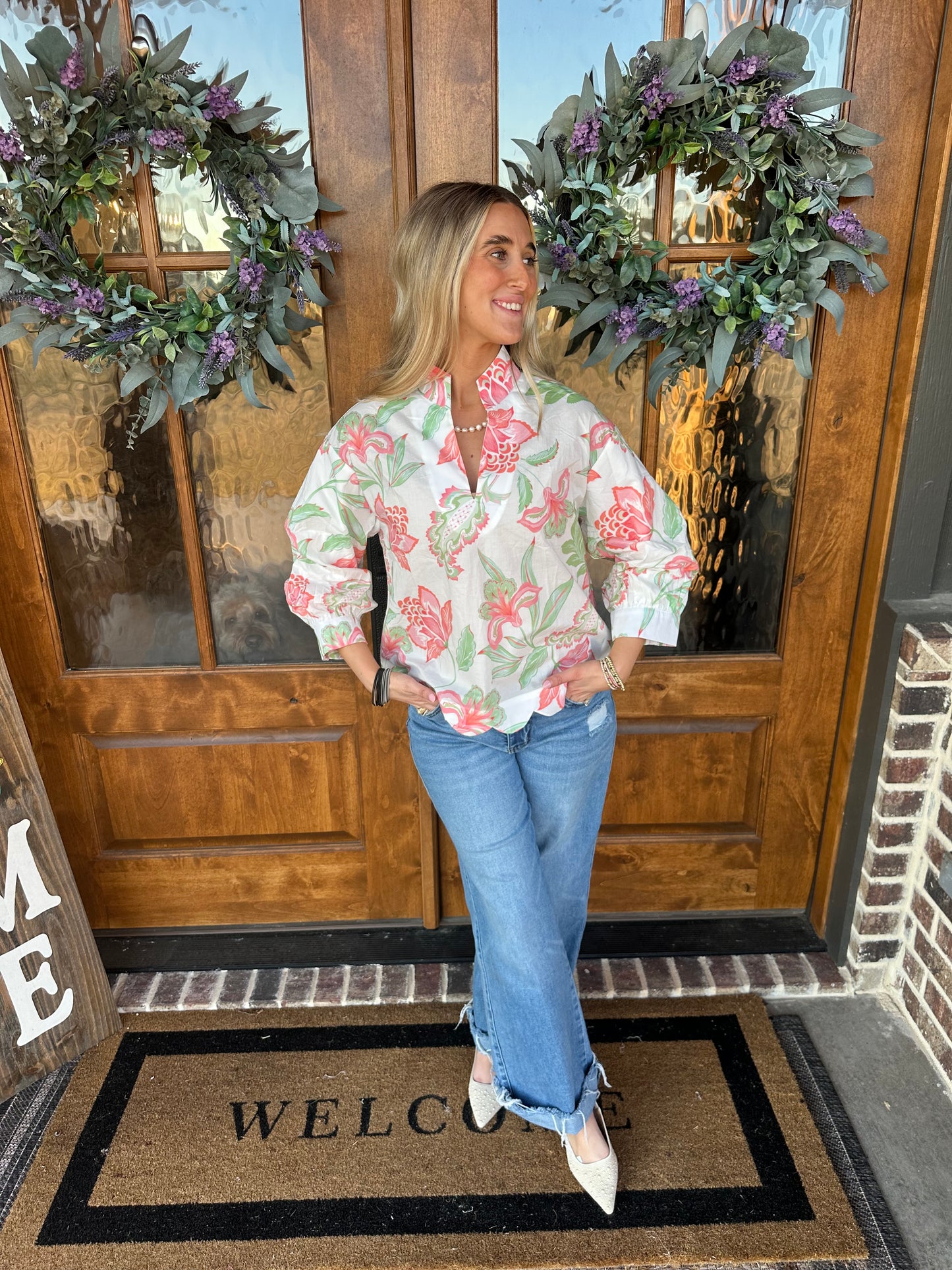The Allie Peach Floral Scallop Top