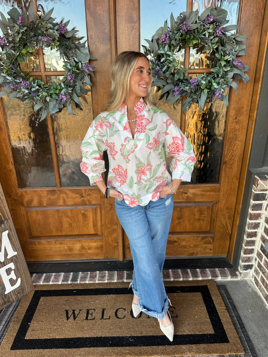 The Allie Peach Floral Scallop Top