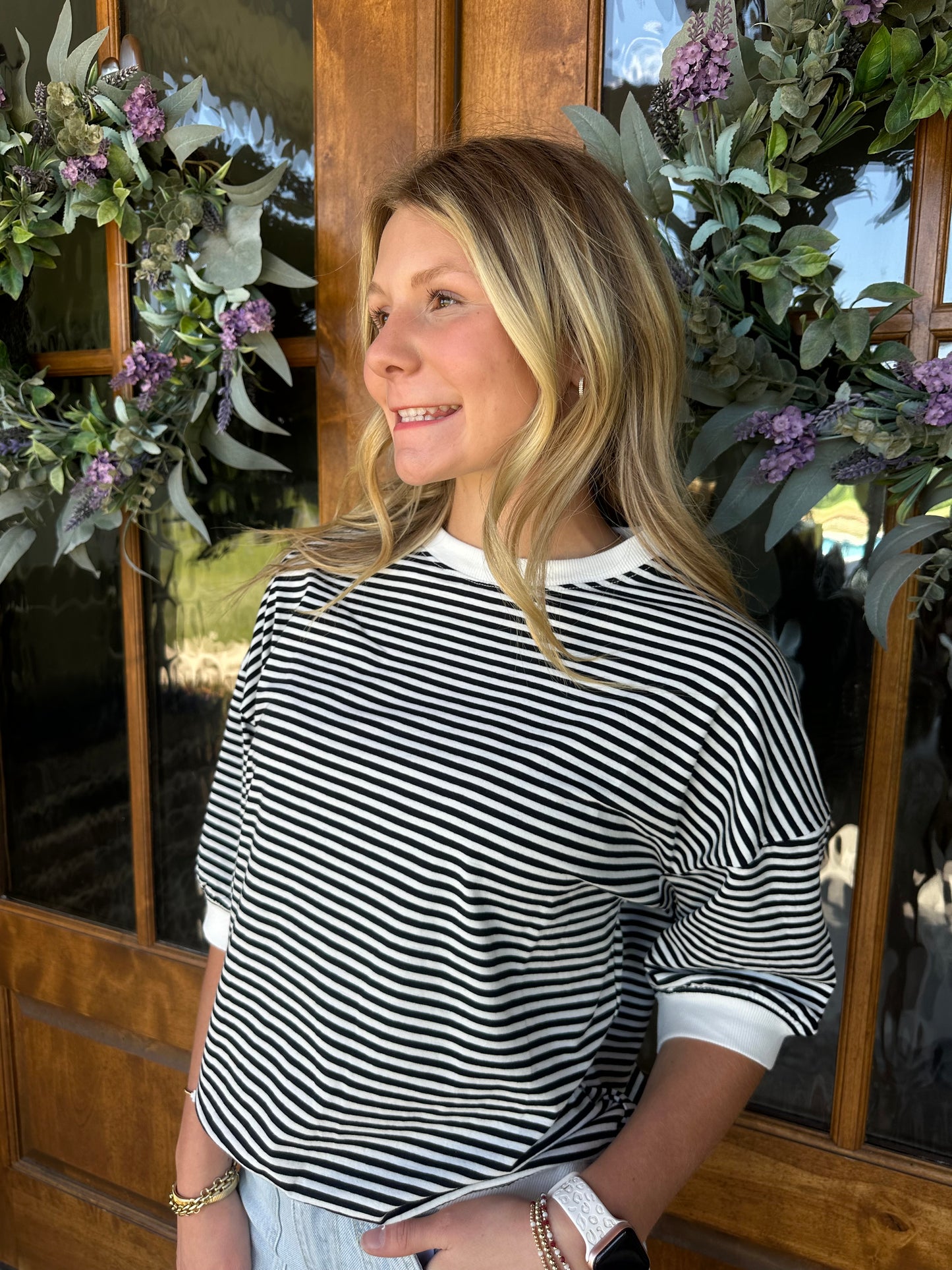 The Stacey Black Striped Contrast Trim Rib Banded Top