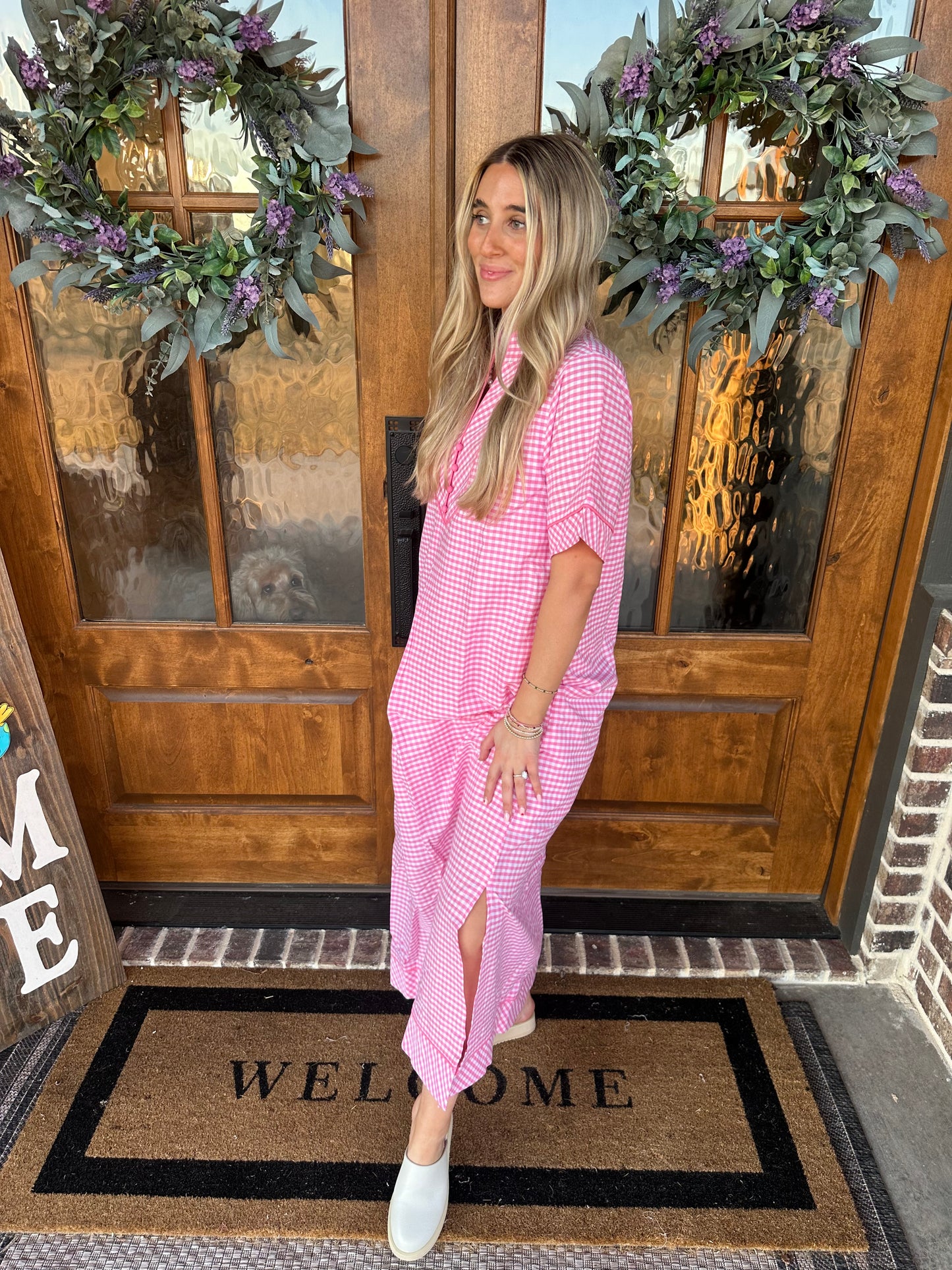 The Chloe Pink Gingham Midi Dress