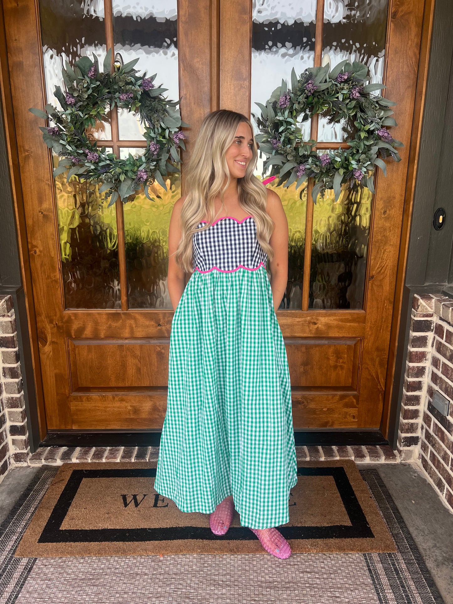 The Abby Green Gingham Sleeveless Midi Dress