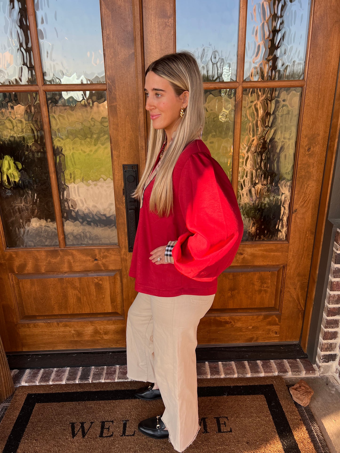 The Rachel Red Long Puff Sleeve With Plaid Accent