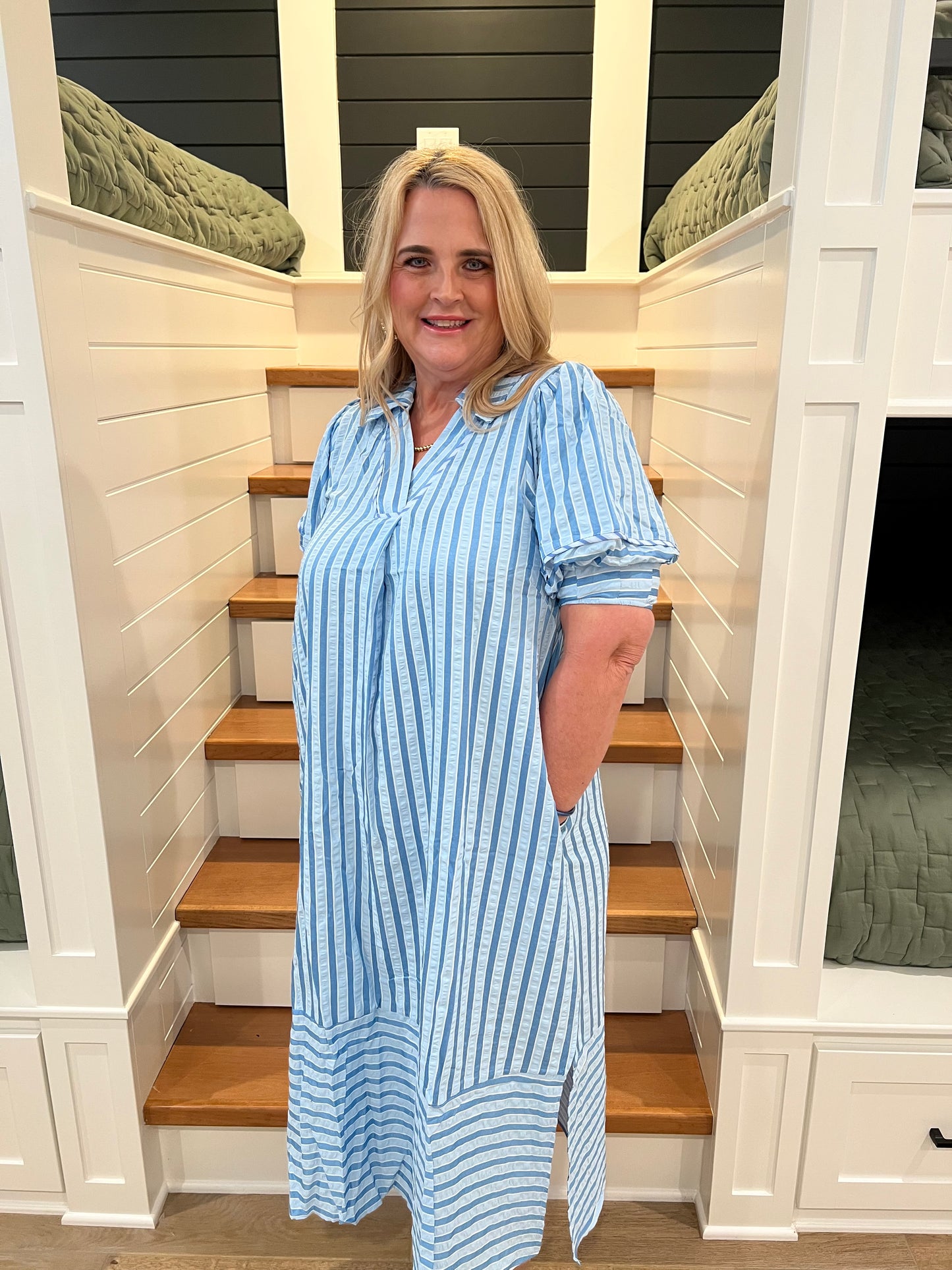 The Emma Blue Striped Puff Sleeve Midi Dress