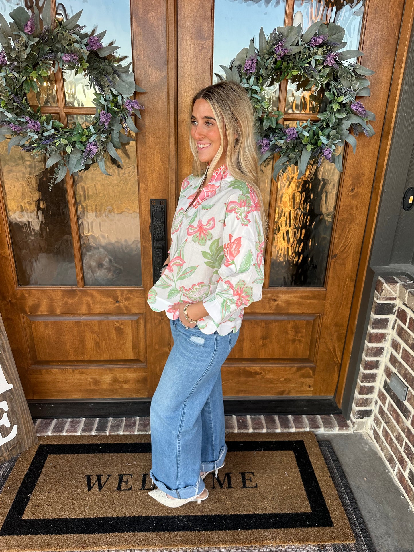 The Allie Peach Floral Scallop Top