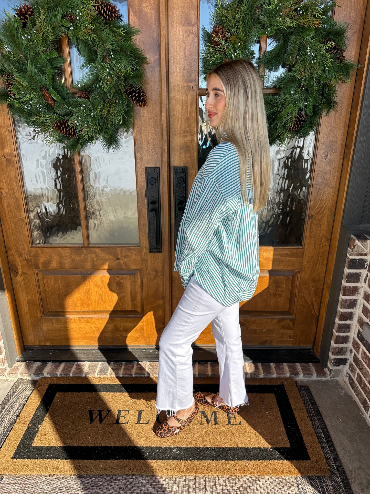 The Pam Green Striped Long Sleeve Button Down