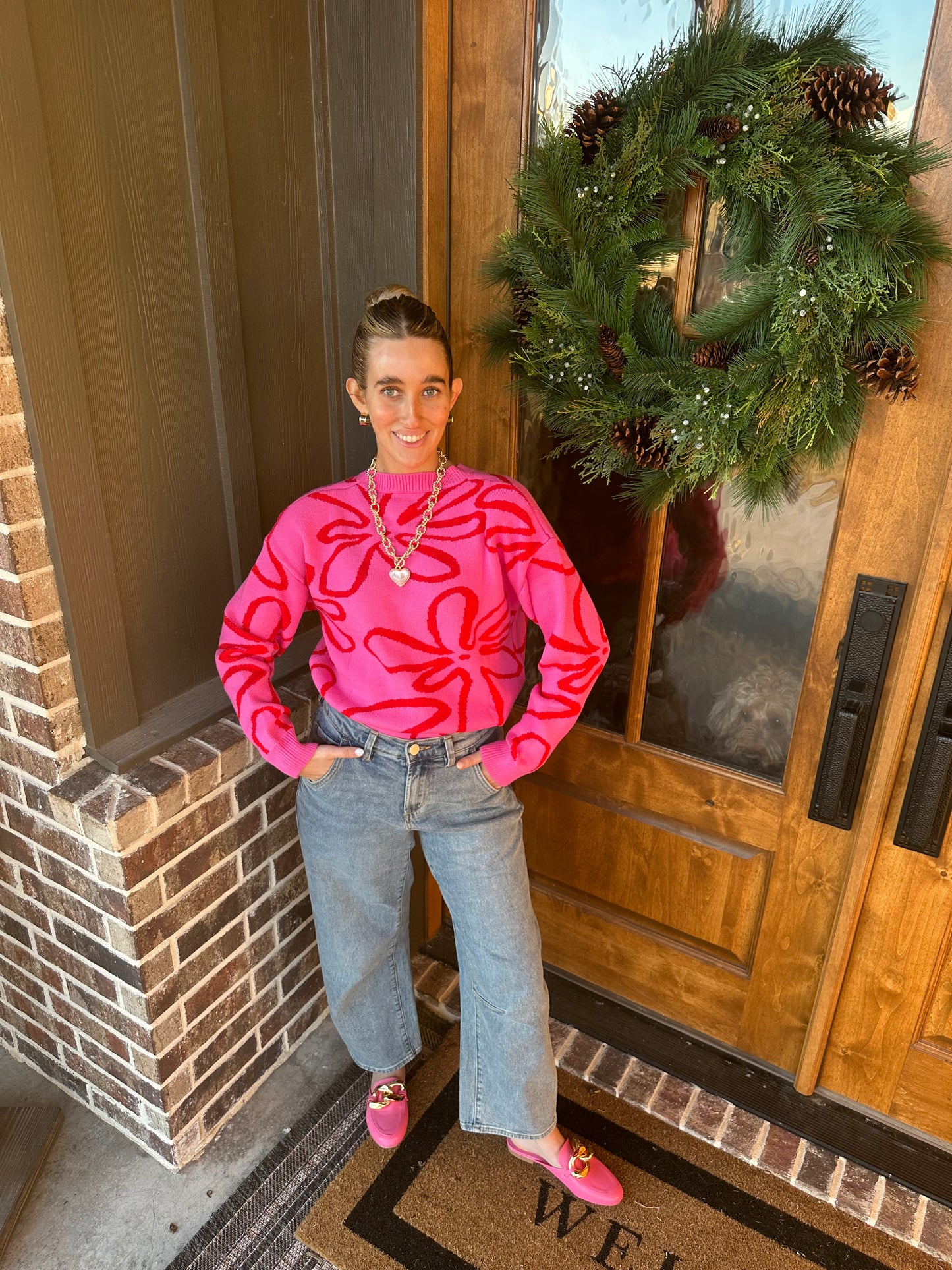 The Ruby Abstract Pink Flower Sweater