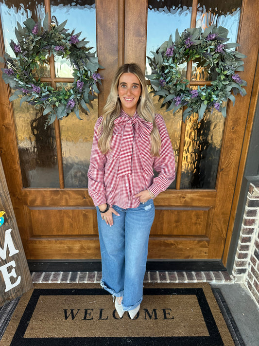 The River Red Long Sleeve Loose Fit Plaid Casual Blouse